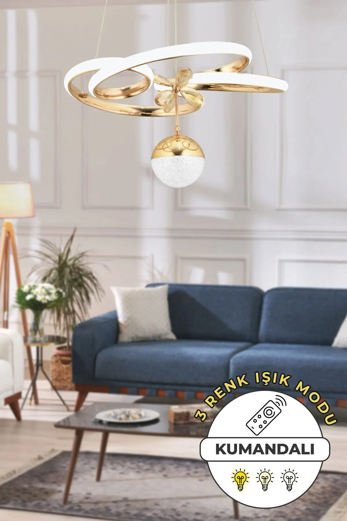 Capella Aydınlatma Dante Kumandalı 3 Renk Işık Özellikli Modern Gold Kaplama Sarkıt Led Avize Salon Avize