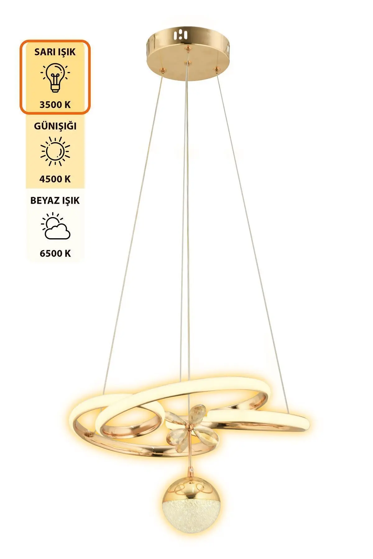 Dante Kumandalı 3 Renk Işık Özellikli Modern Gold Kaplama Sarkıt Led Avize Salon Avize