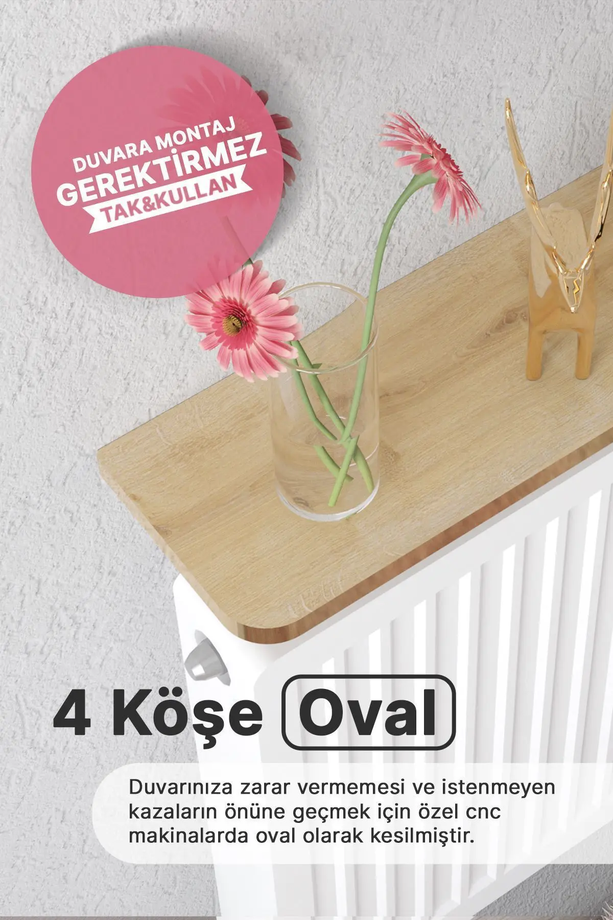 Montajsız Petek Üstü Uçan Raf Dresuar Kalorifer Peteği Rafı Kitaplık 100 X 18 Cm Gold Meşe Oval