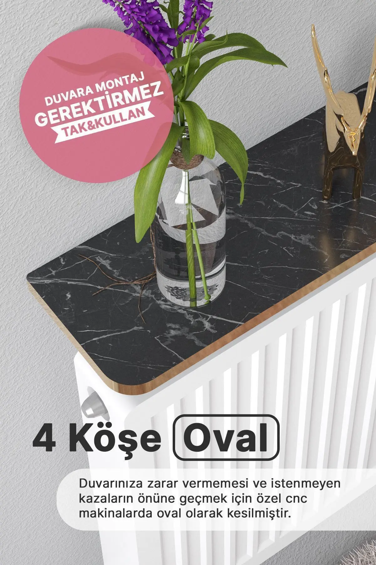 Riv Petek Üstü Uçan Raf Dresuar Kalorifer Peteği Rafı 100 X 18 Cm Gold Bendir Siyah Mermer Oval