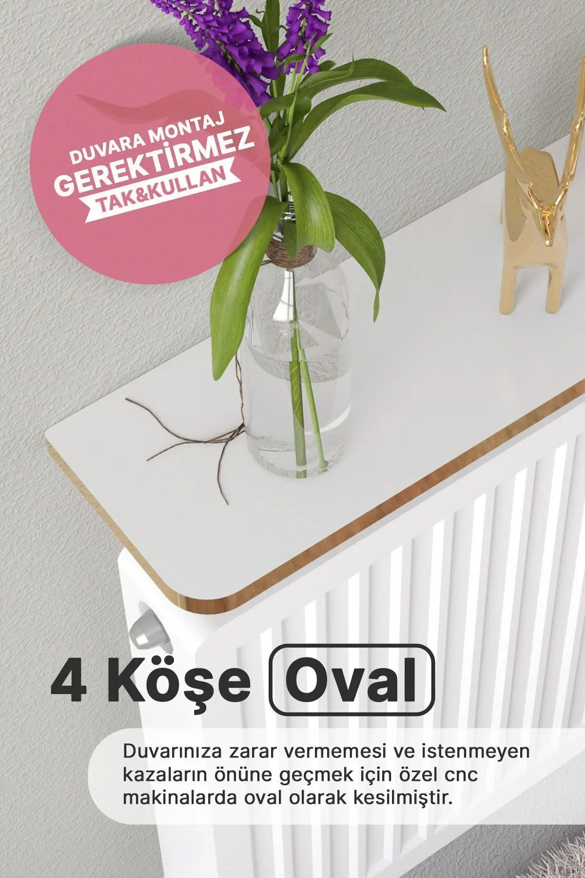 Riv Petek Üstü Uçan Raf Dresuar Kalorifer Peteği Rafı 100 X 18 Cm Beyaz Gold Oval Kesim