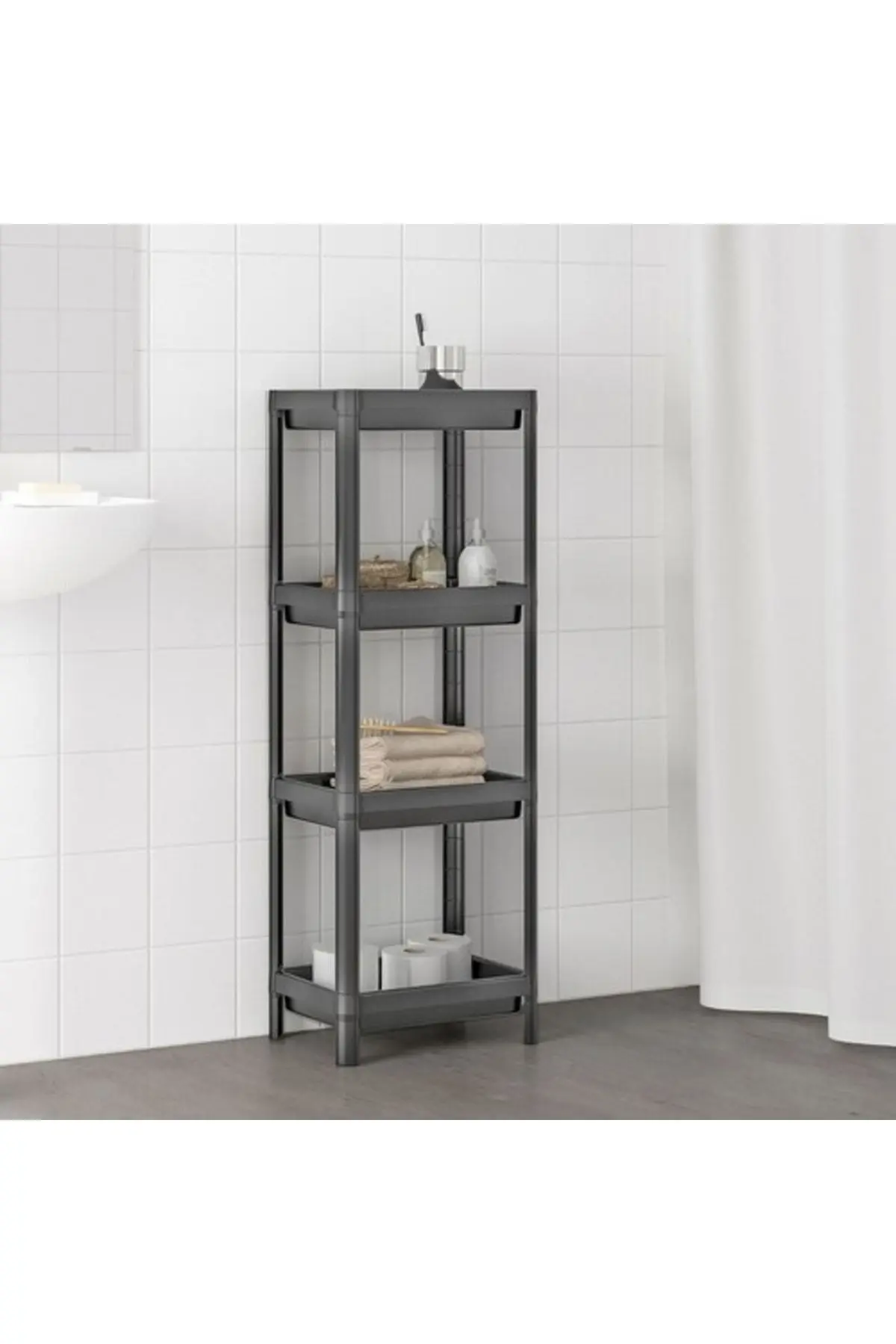 Vesken 4 Katlı Banyo Raf Ünitesi Gri Düzenleyici Şampuan Havluluk Deterjan Dolabı