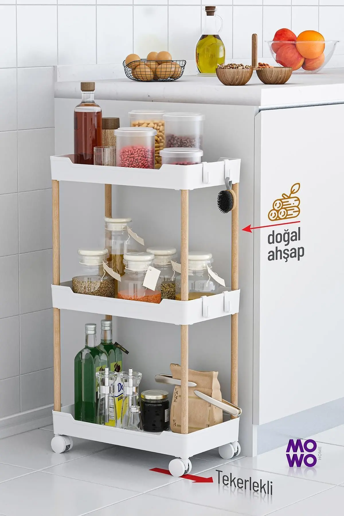 Mowo 3 Katlı Tekerlekli Banyo Rafı, Mutfak Rafı, Havluluk, Deterjanlık Makyaj Organizer