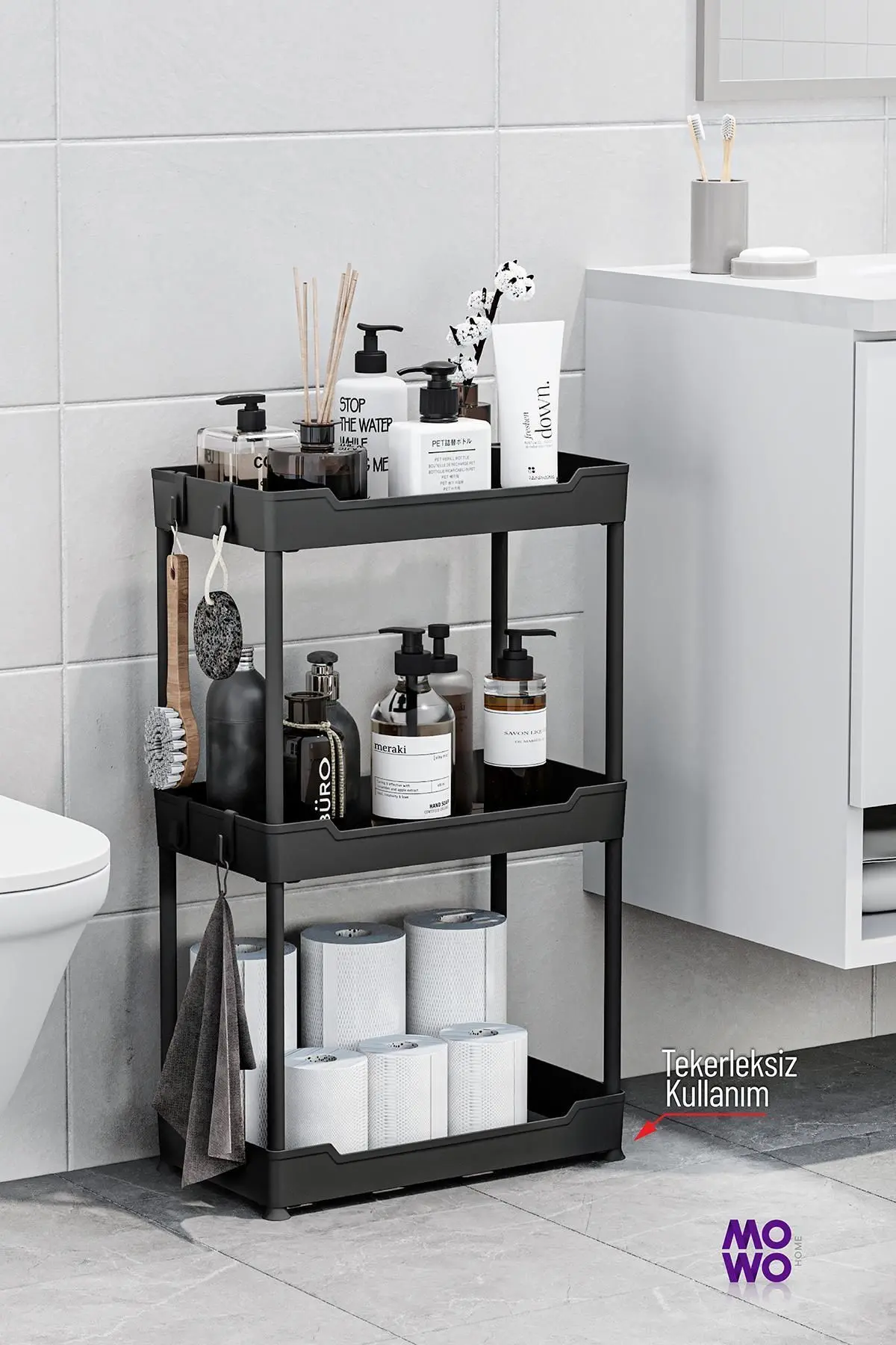 Mowo 3 Katlı Tekerlekli Banyo Rafı, Mutfak Rafı, Havluluk, Deterjanlık Makyaj Organizer