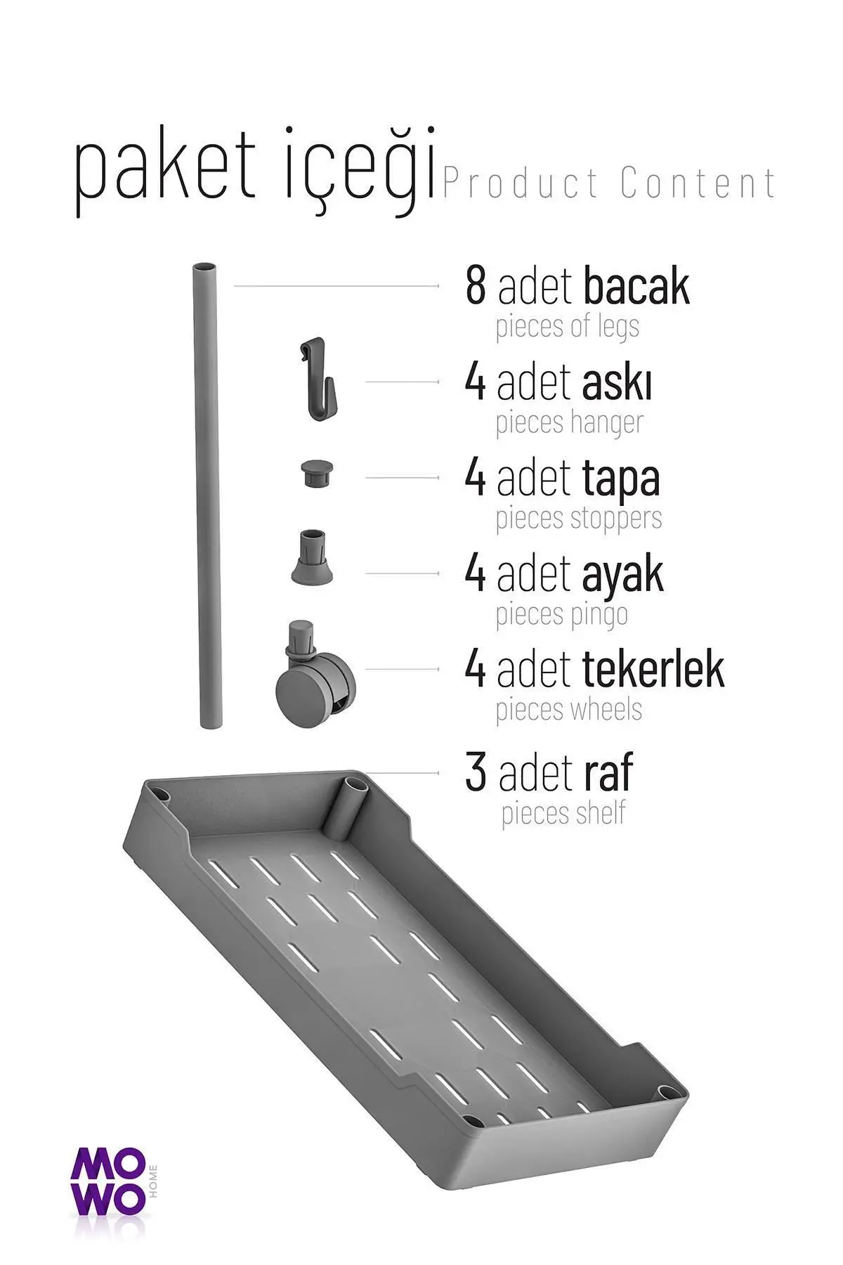Mowo 3 Katlı Tekerlekli Banyo Rafı, Mutfak Rafı, Havluluk, Deterjanlık Makyaj Organizer