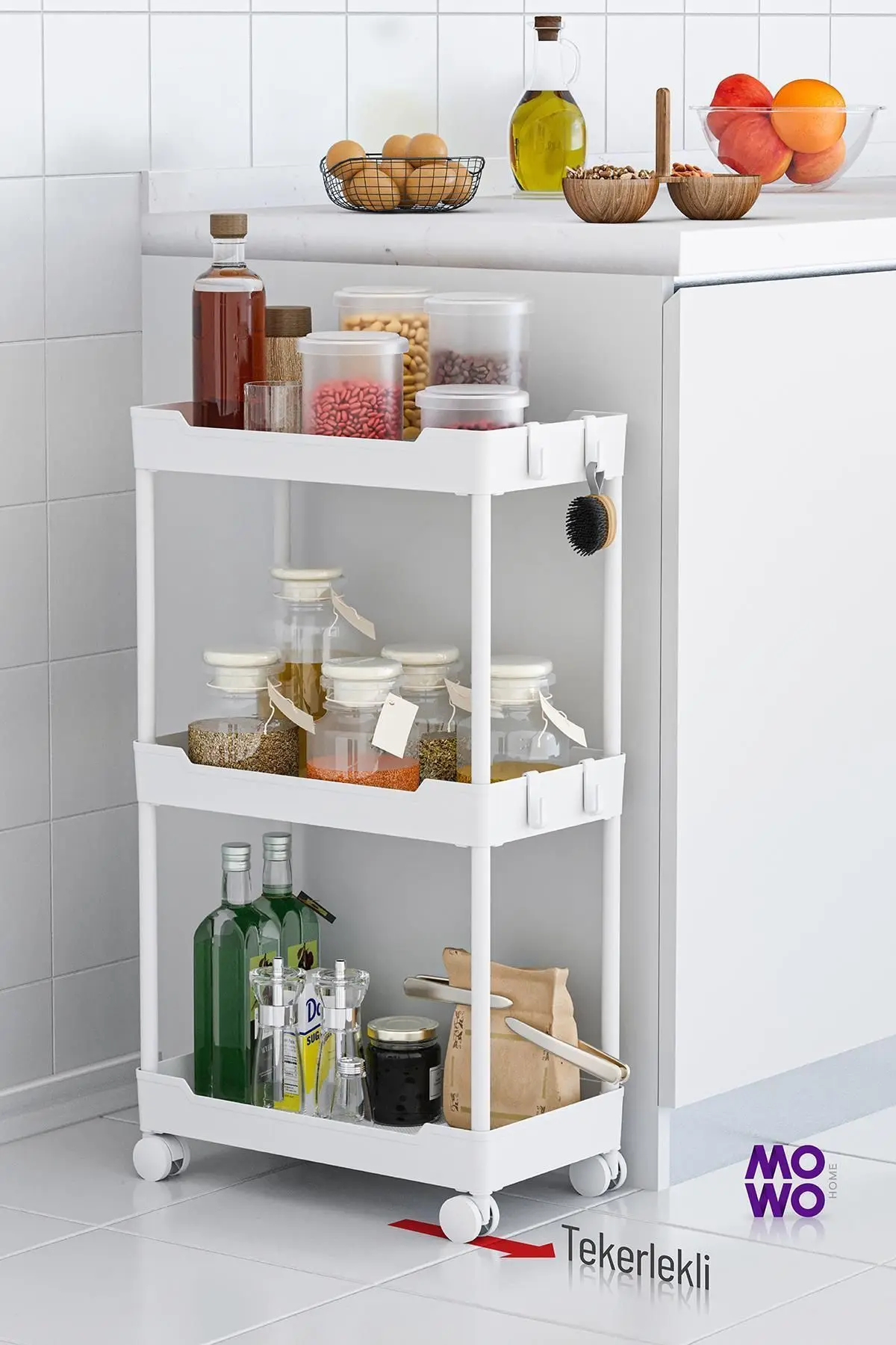 Mowo 3 Katlı Tekerlekli Banyo Rafı, Mutfak Rafı, Havluluk, Deterjanlık Makyaj Organizer