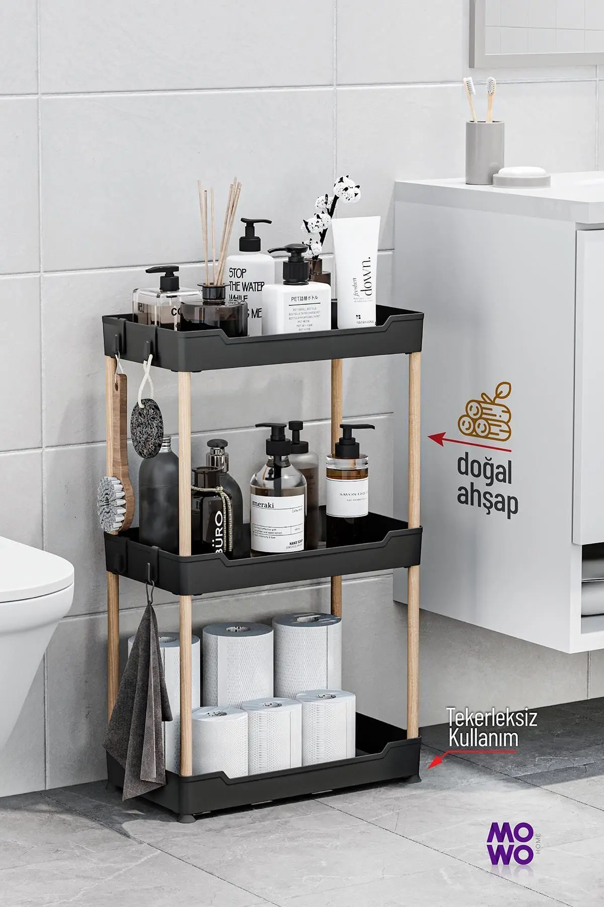 Mowo 3 Katlı Tekerlekli Banyo Rafı, Mutfak Rafı, Havluluk, Deterjanlık Makyaj Organizer