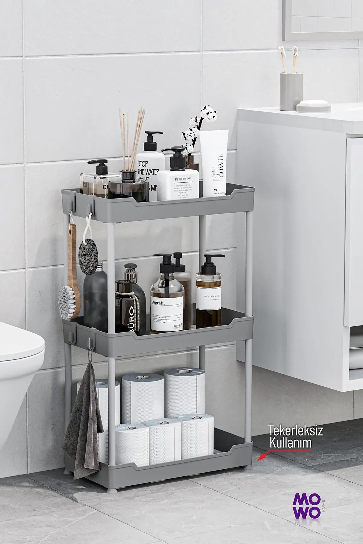 Mowo 3 Katlı Tekerlekli Banyo Rafı, Mutfak Rafı, Havluluk, Deterjanlık Makyaj Organizer