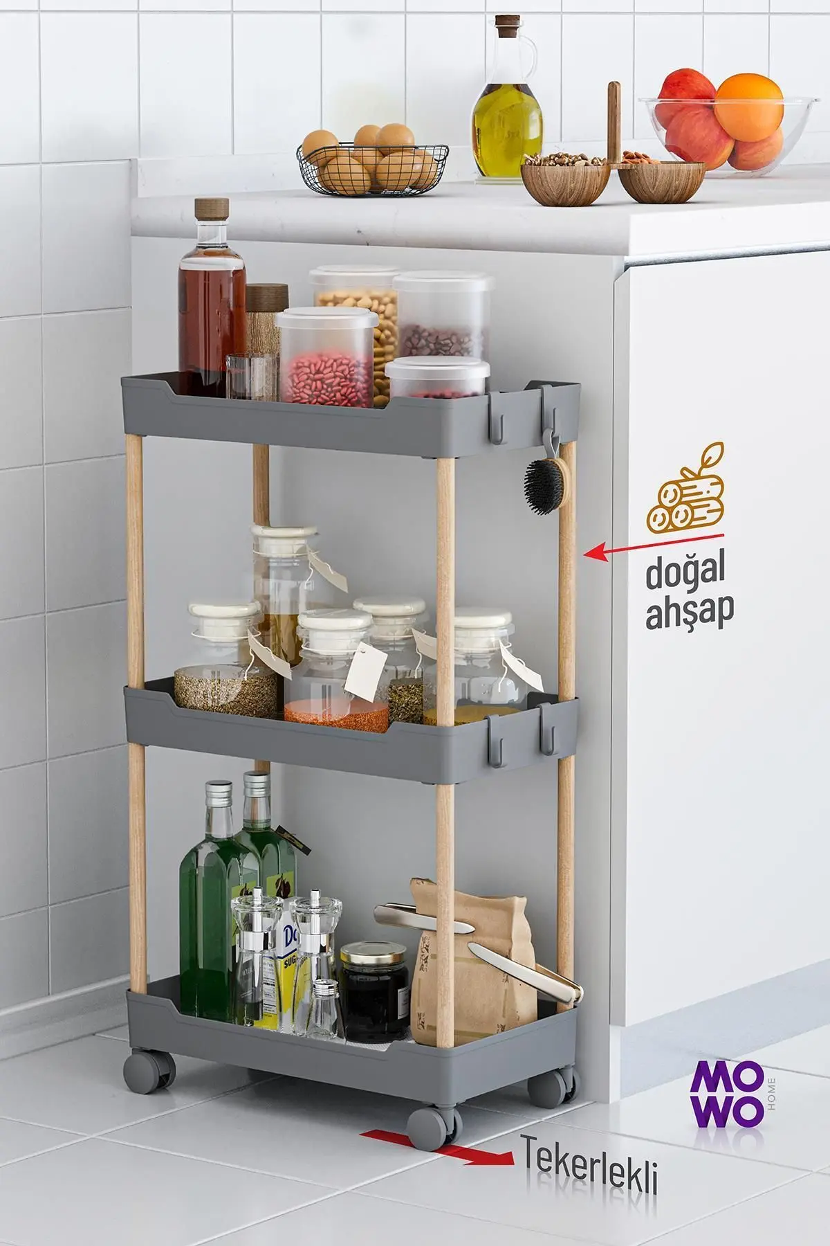 Mowo 3 Katlı Tekerlekli Banyo Rafı, Mutfak Rafı, Havluluk, Deterjanlık Makyaj Organizer