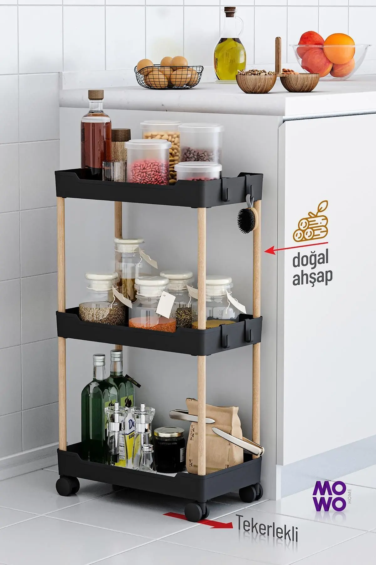 Mowo 3 Katlı Tekerlekli Banyo Rafı, Mutfak Rafı, Havluluk, Deterjanlık Makyaj Organizer