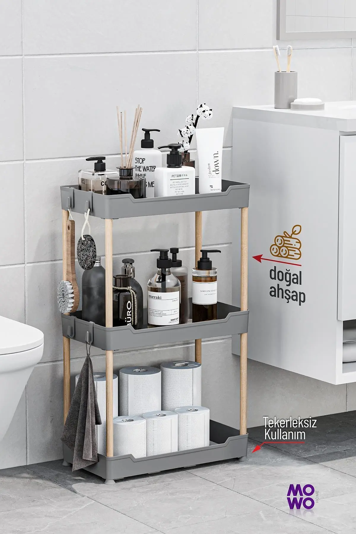 Mowo 3 Katlı Tekerlekli Banyo Rafı, Mutfak Rafı, Havluluk, Deterjanlık Makyaj Organizer