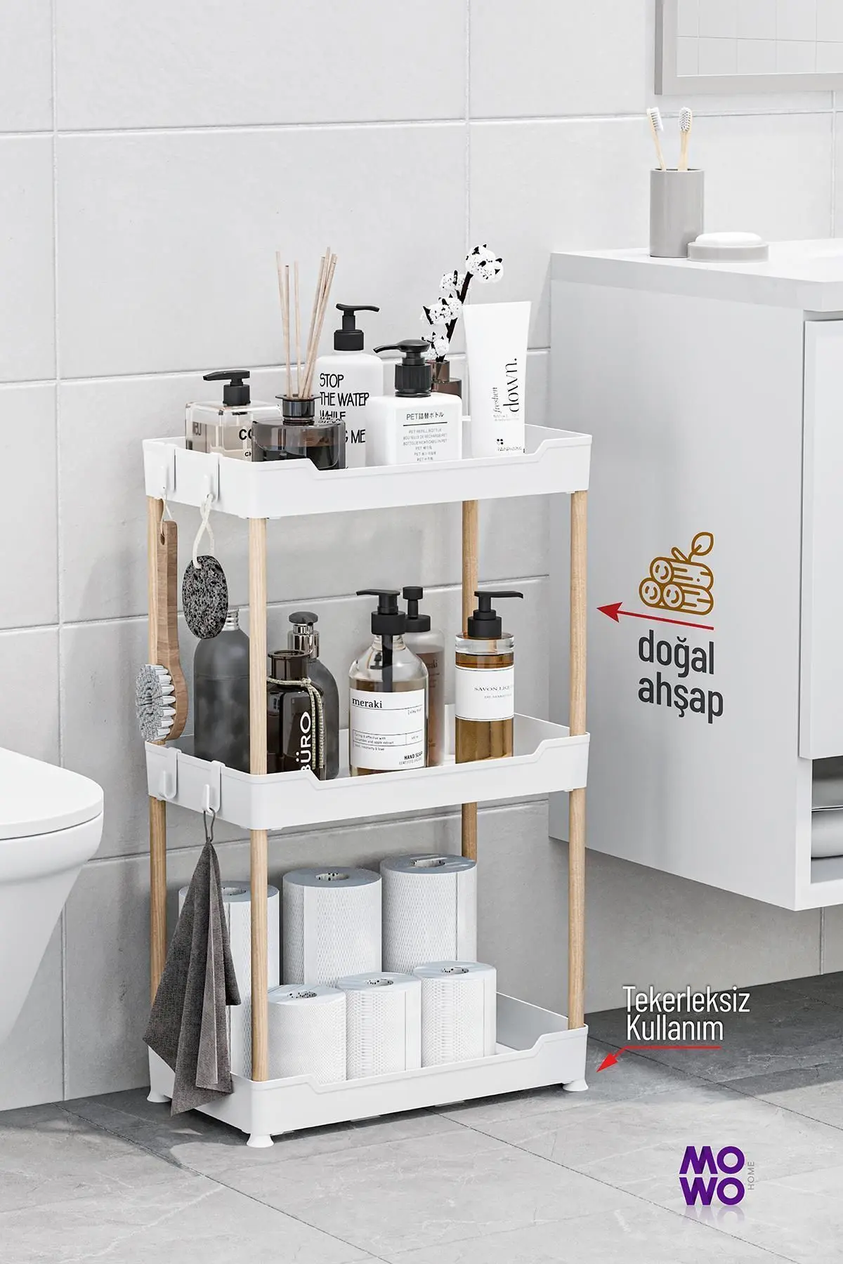 Mowo 3 Katlı Tekerlekli Banyo Rafı, Mutfak Rafı, Havluluk, Deterjanlık Makyaj Organizer