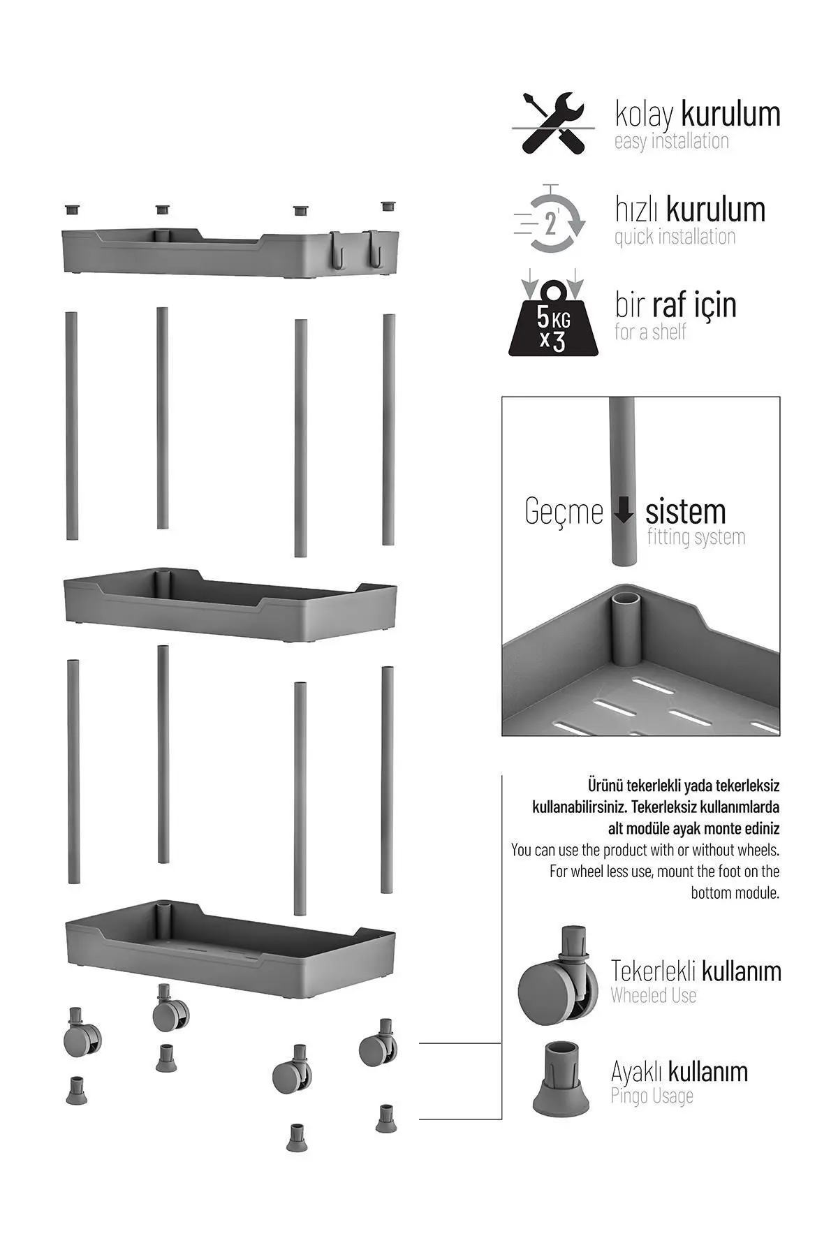 Mowo 3 Katlı Tekerlekli Banyo Rafı, Mutfak Rafı, Havluluk, Deterjanlık Makyaj Organizer