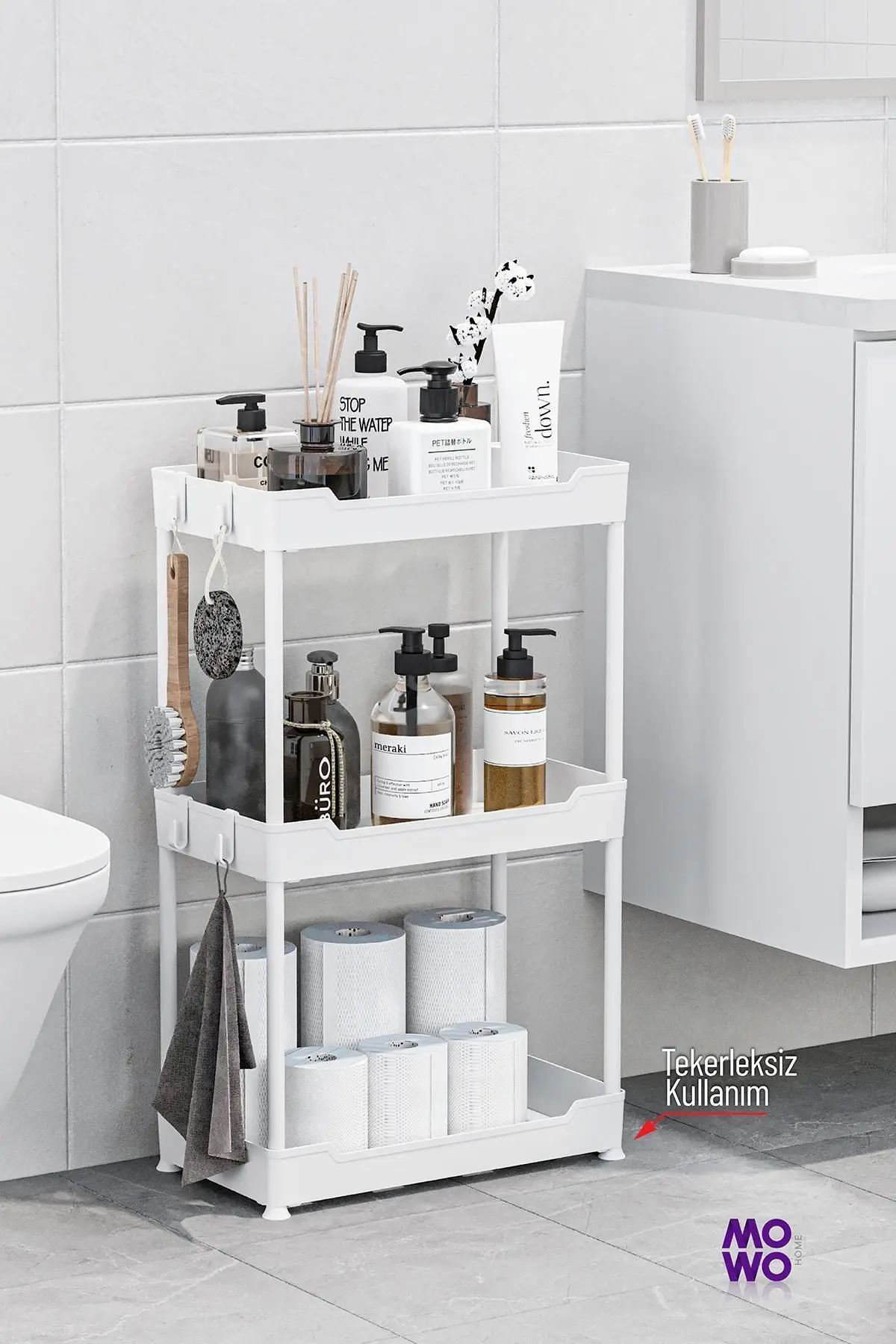 Mowo 3 Katlı Tekerlekli Banyo Rafı, Mutfak Rafı, Havluluk, Deterjanlık Makyaj Organizer