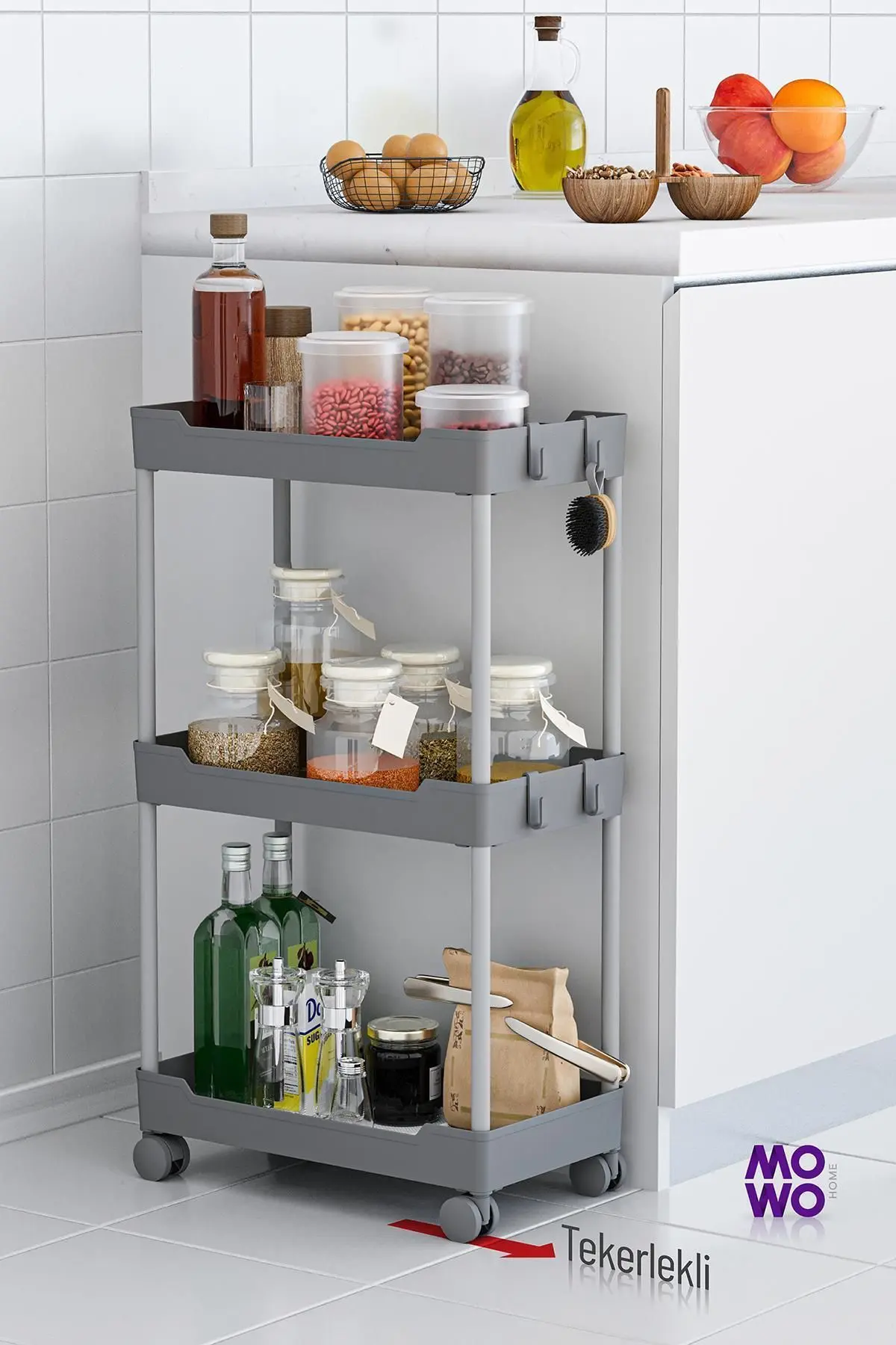 Mowo 3 Katlı Tekerlekli Banyo Rafı, Mutfak Rafı, Havluluk, Deterjanlık Makyaj Organizer