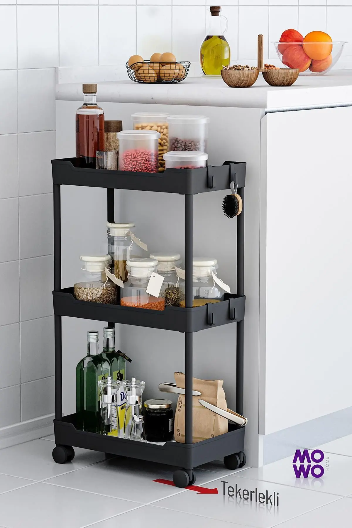 Mowo 3 Katlı Tekerlekli Banyo Rafı, Mutfak Rafı, Havluluk, Deterjanlık Makyaj Organizer