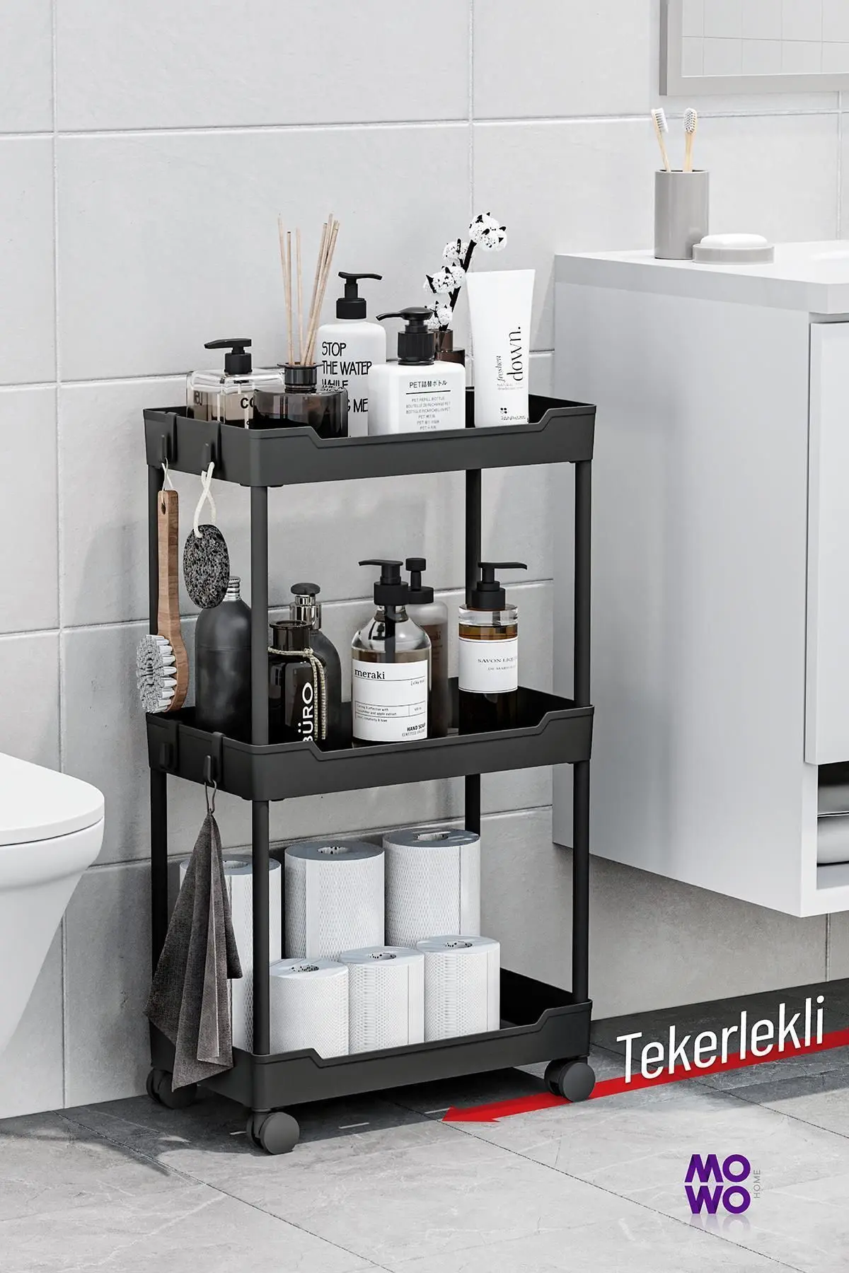 Mowo Home Mowo 3 Katlı Tekerlekli Banyo Rafı, Mutfak Rafı, Havluluk, Deterjanlık Makyaj Organizer