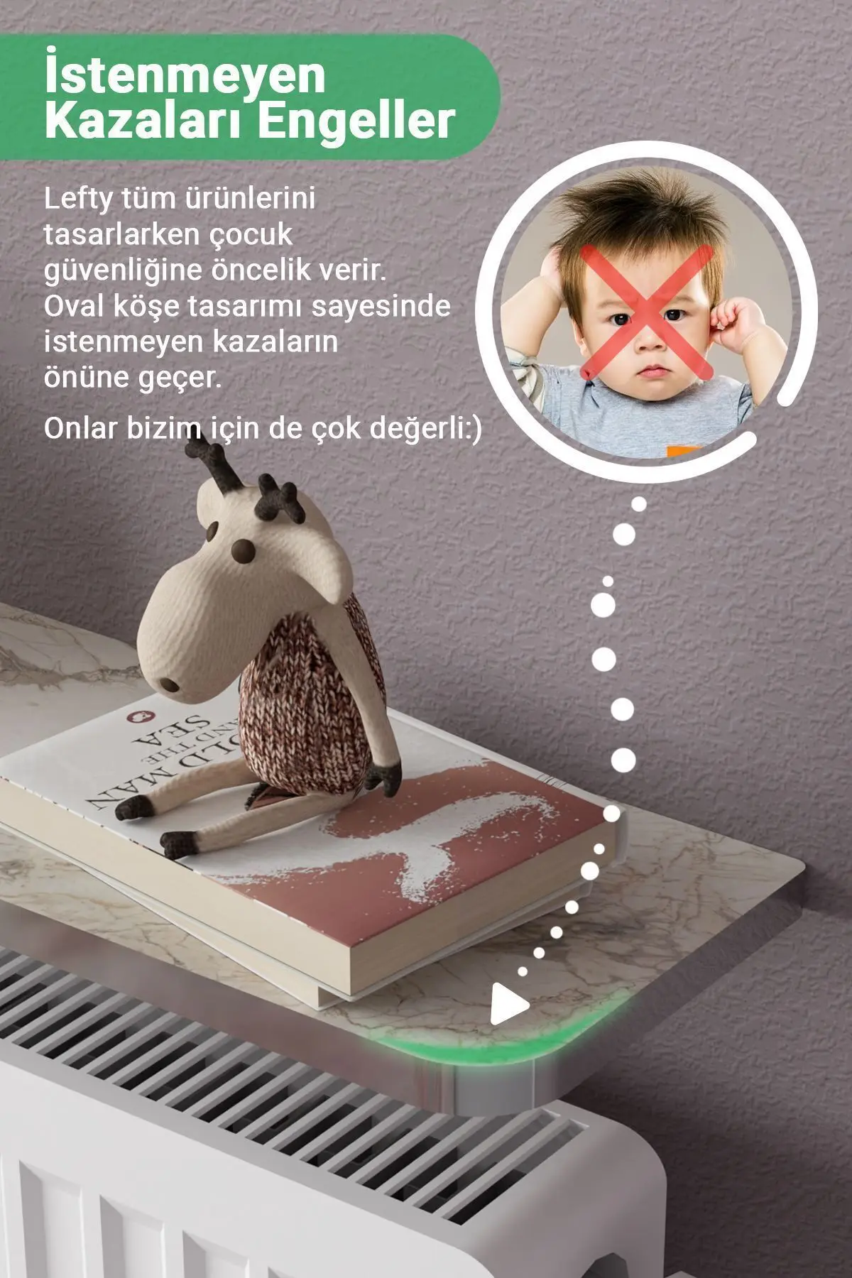 Montajsız Petek Üstü Uçan Raf Dresuar Kalorifer Peteği Rafı Kitaplık 80 X 18 Cm Efes Gümüş Oval