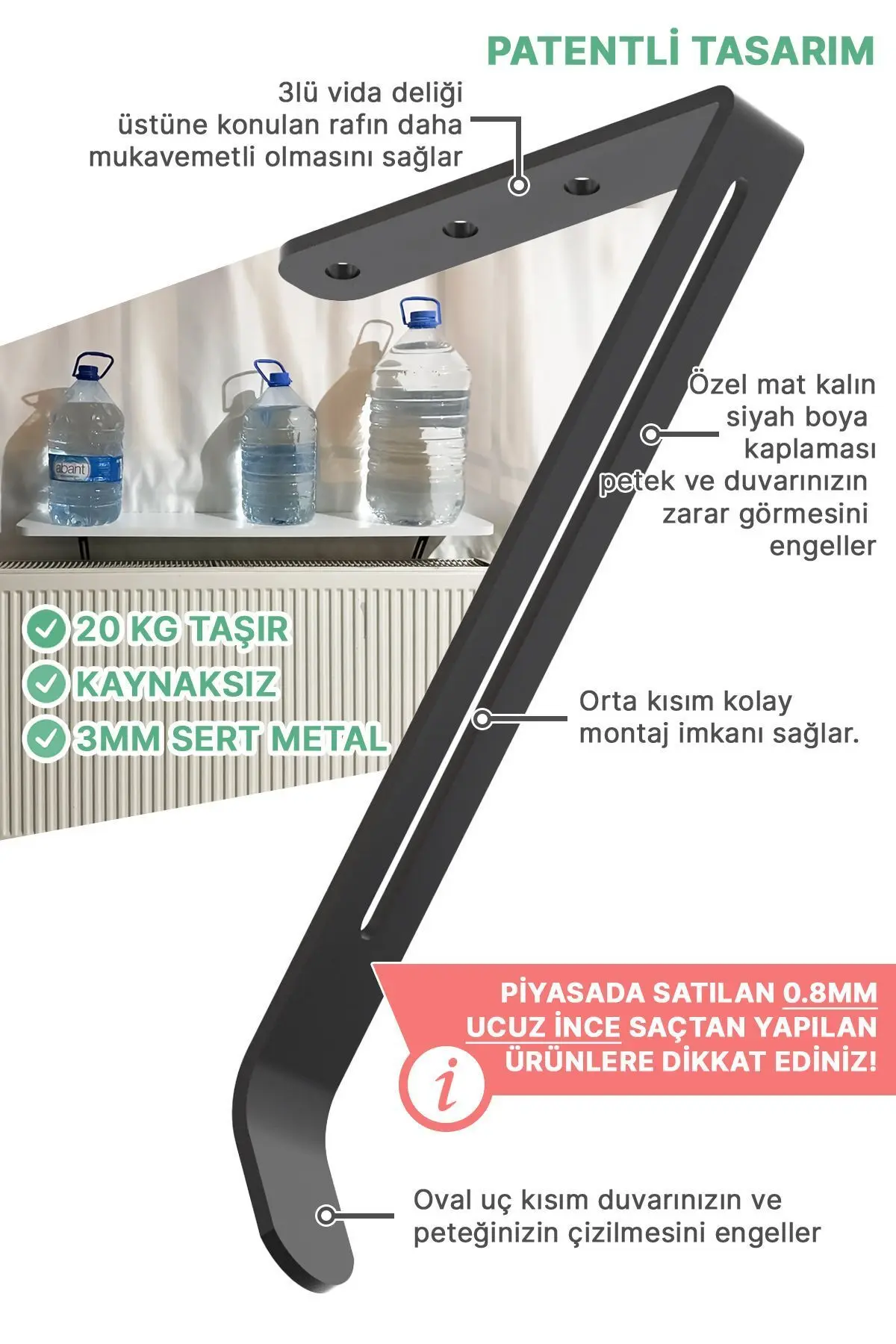 Montajsız Petek Üstü Uçan Raf Dresuar Kalorifer Peteği Rafı Kitaplık 80x18 Cm Traverten Mermer Desen