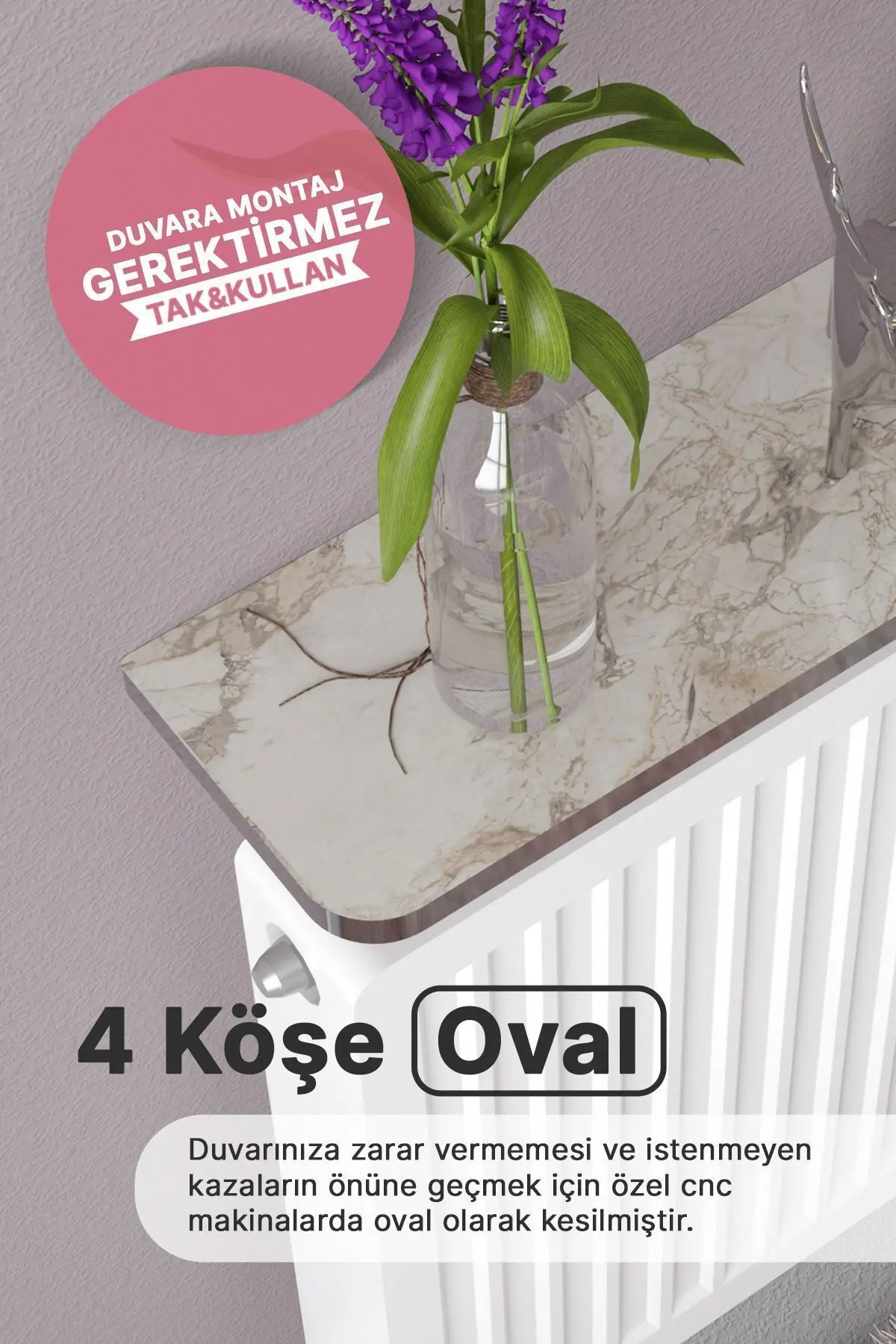 Montajsız Petek Üstü Uçan Raf Dresuar Kalorifer Peteği Rafı Kitaplık 80 X 18 Cm Efes Gümüş Oval