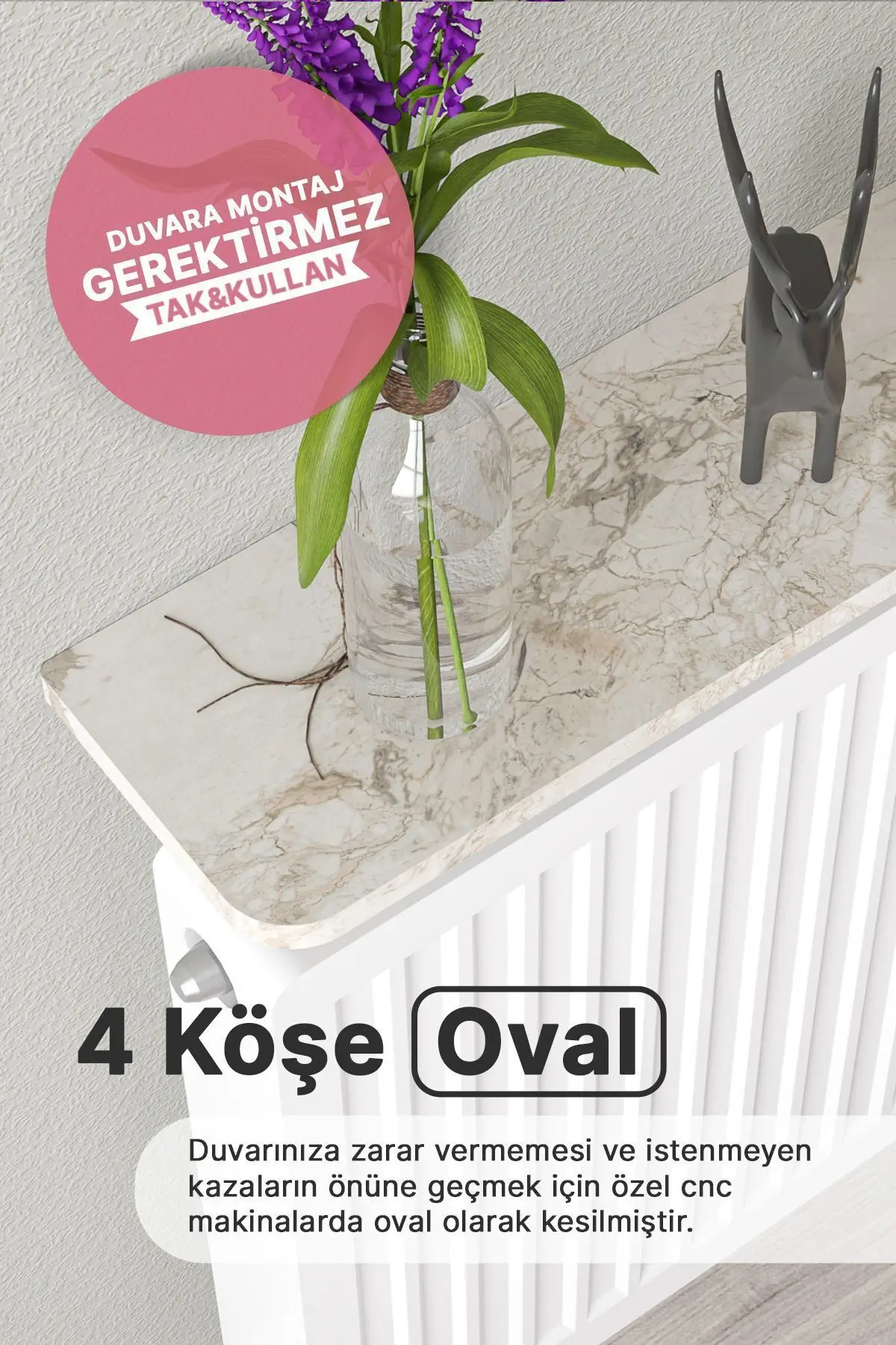 Montajsız Petek Üstü Uçan Raf Dresuar Kalorifer Peteği Rafı Kitaplık 80 X 18 Cm Gri Mermer Oval