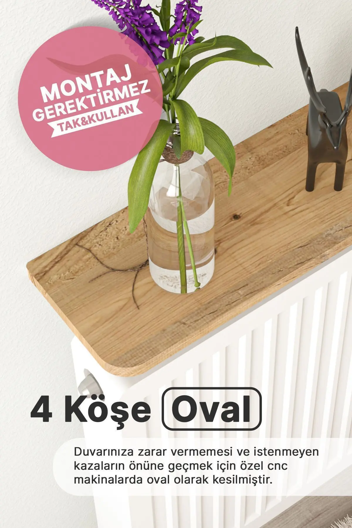 Montajsız Petek Üstü Uçan Raf Dresuar Kalorifer Peteği Rafı Kitaplık 80 X 18 Cm Çam Oval Kesim