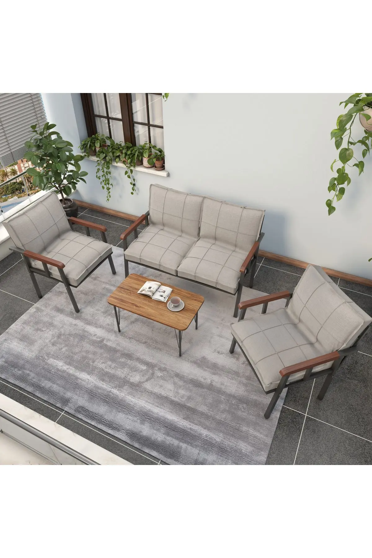 "" Modern Balkon, Bahçe, Cafe - Metal Kanepe Koltuk Takımı - 2 1 1 Sehpa Hediyeli