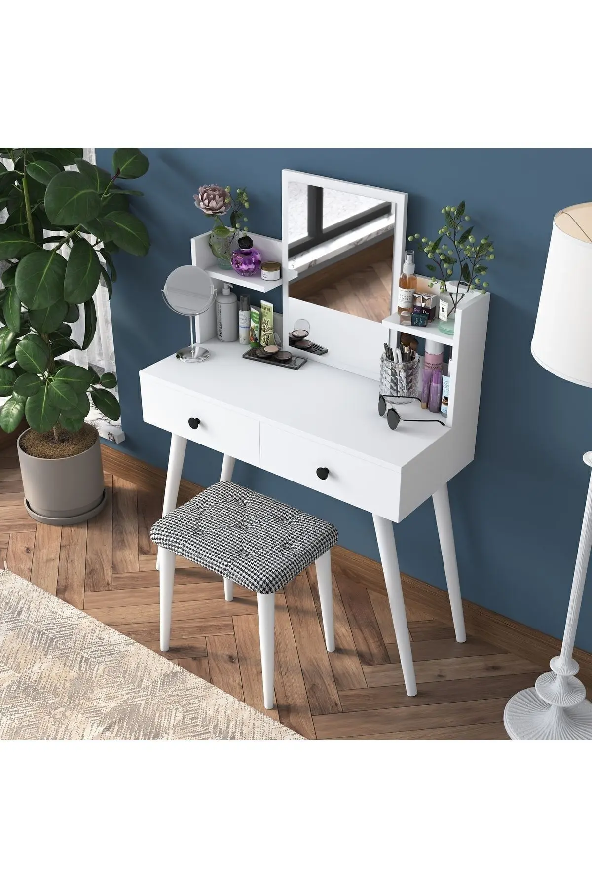 Rani Bj102 Makyaj Masası 2 Çekmeceli Raflı Aynalı Takı Düzenleyici + Tabure Takım Beyaz