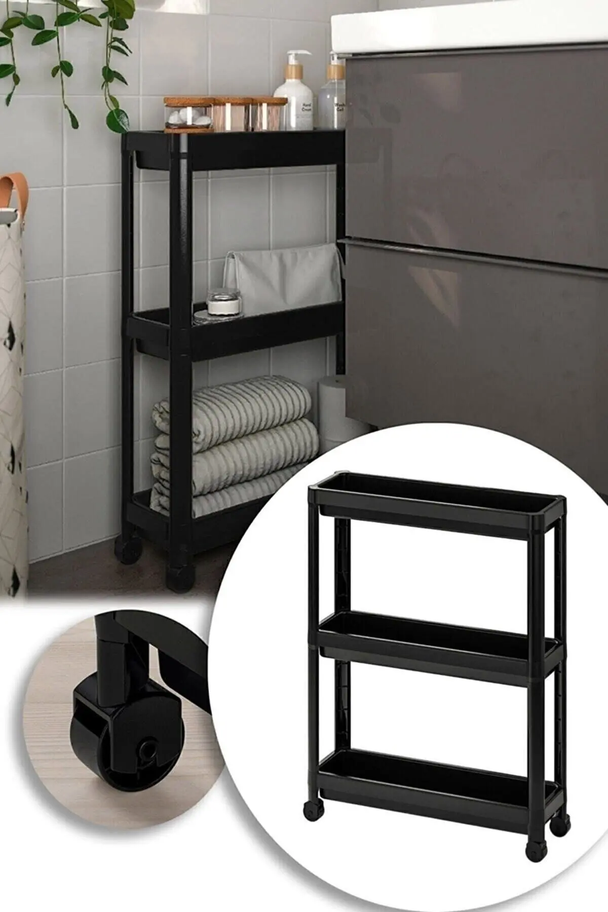 Omaş Household Product Vesken Tekerlekli Raf Ünitesi 3 Katlı Beyaz Banyo Rafı Mutfak Rafı Servis Sehpası Organizer