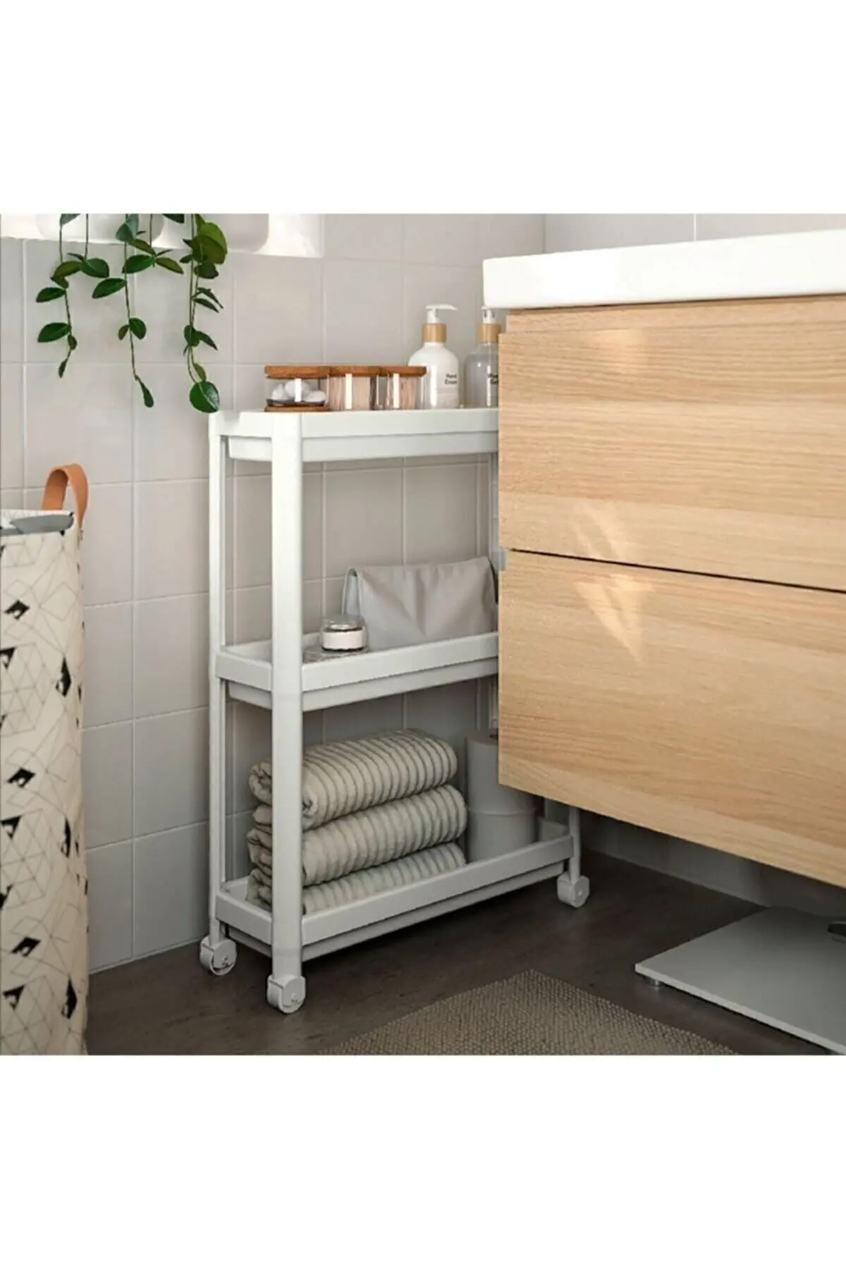 Omaş Household Product Vesken Tekerlekli Raf Ünitesi 3 Katlı Beyaz Banyo Rafı Mutfak Rafı Servis Sehpası Organizer