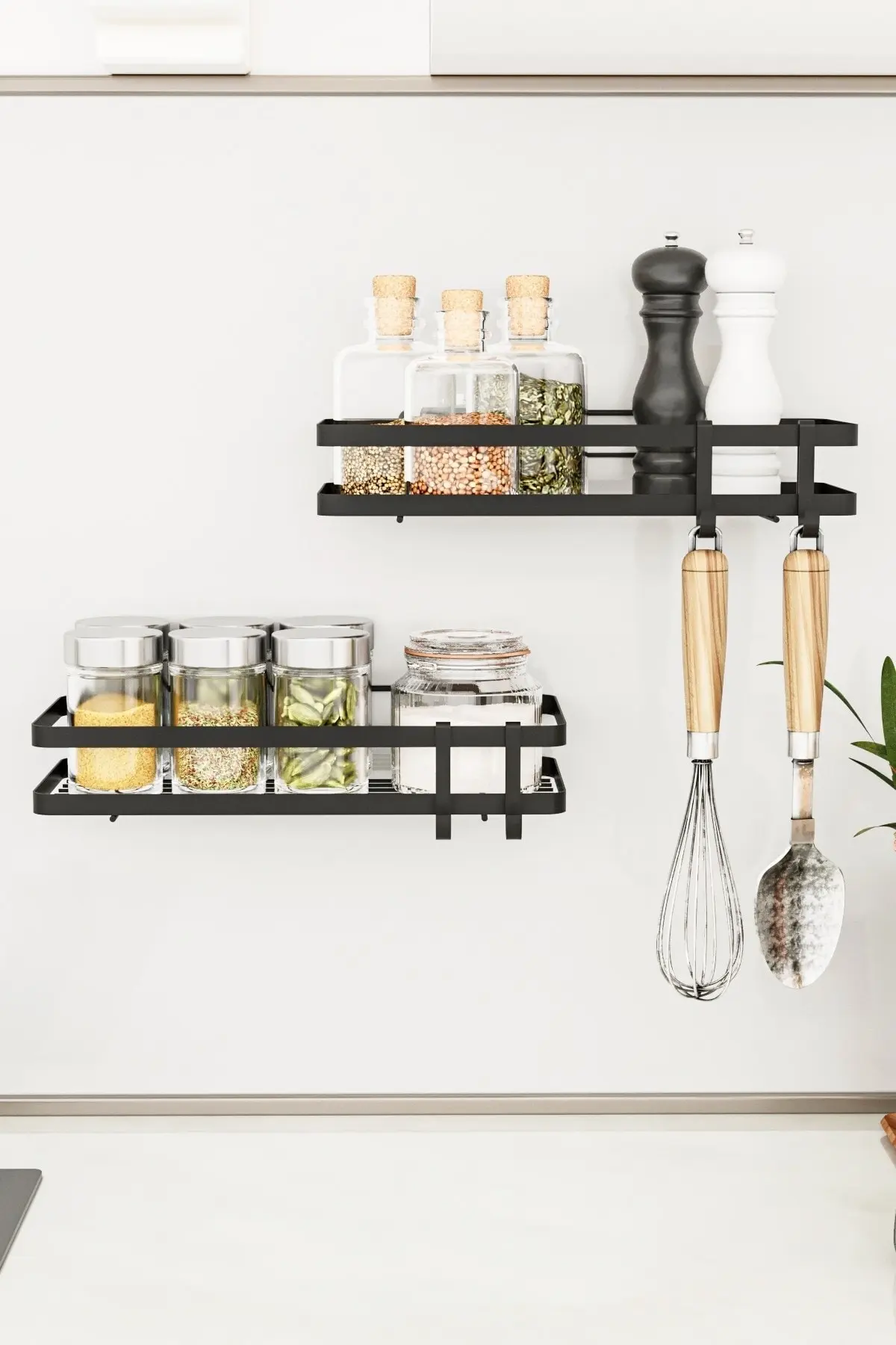 Bino Mutfak Rafı 2'li Set Yapışkanlı Lüks Modern Siyah Metal Baharatlık Rafı Organizer Düzenleyici