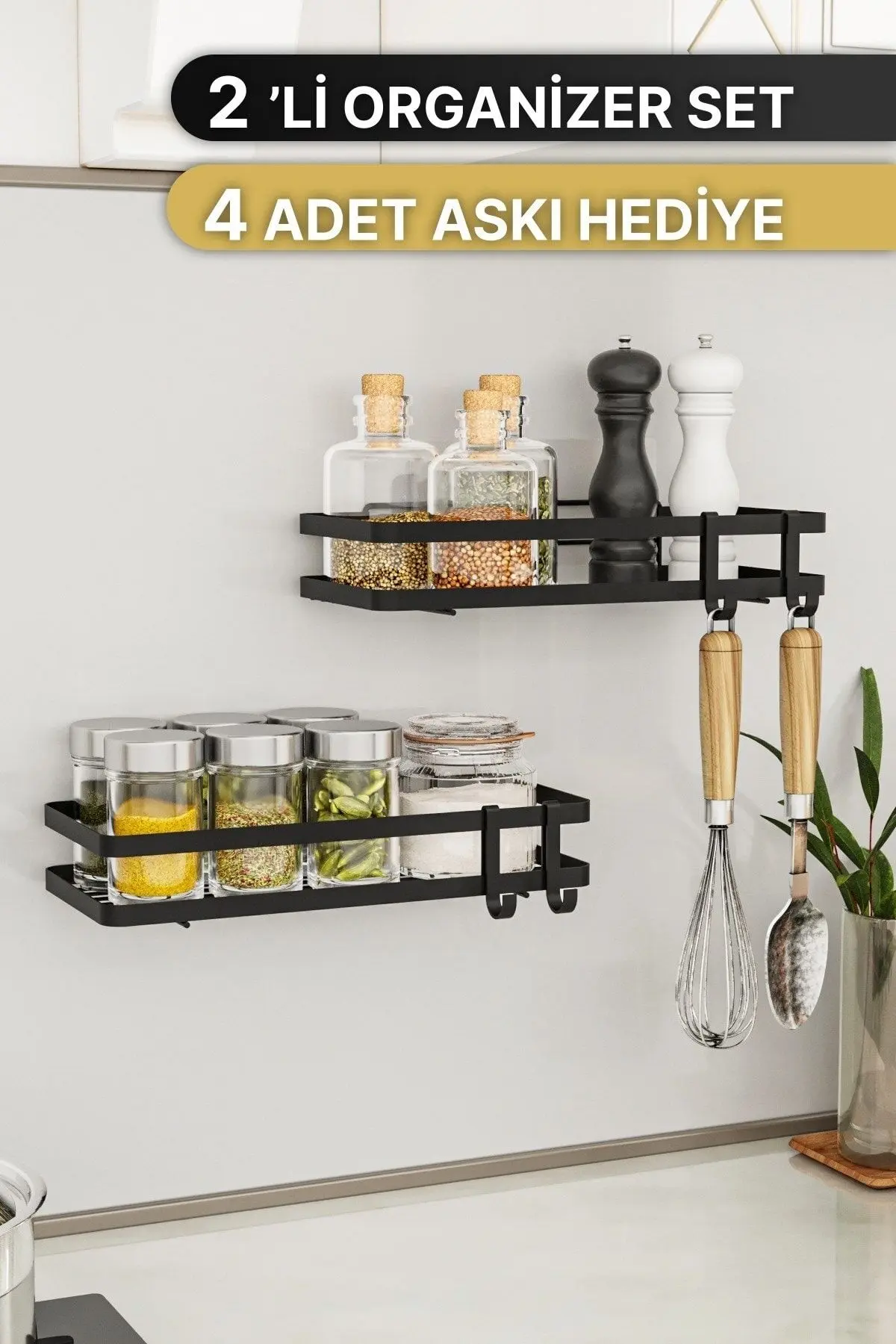 Mutfak Rafı 2'li Set Yapışkanlı Lüks Modern Siyah Metal Baharatlık Rafı Organizer Düzenleyici
