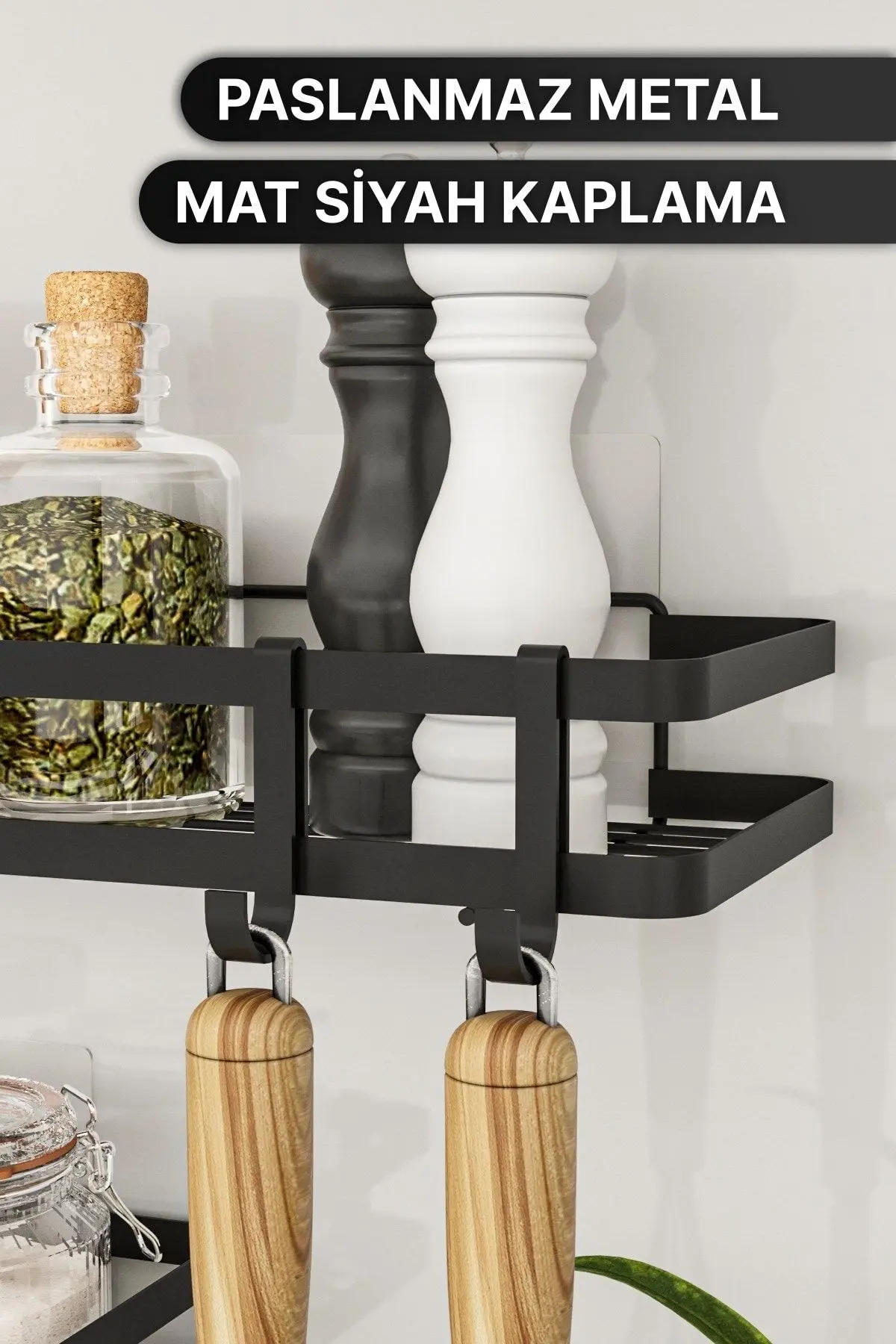 Mutfak Rafı 2'li Set Yapışkanlı Lüks Modern Siyah Metal Baharatlık Rafı Organizer Düzenleyici
