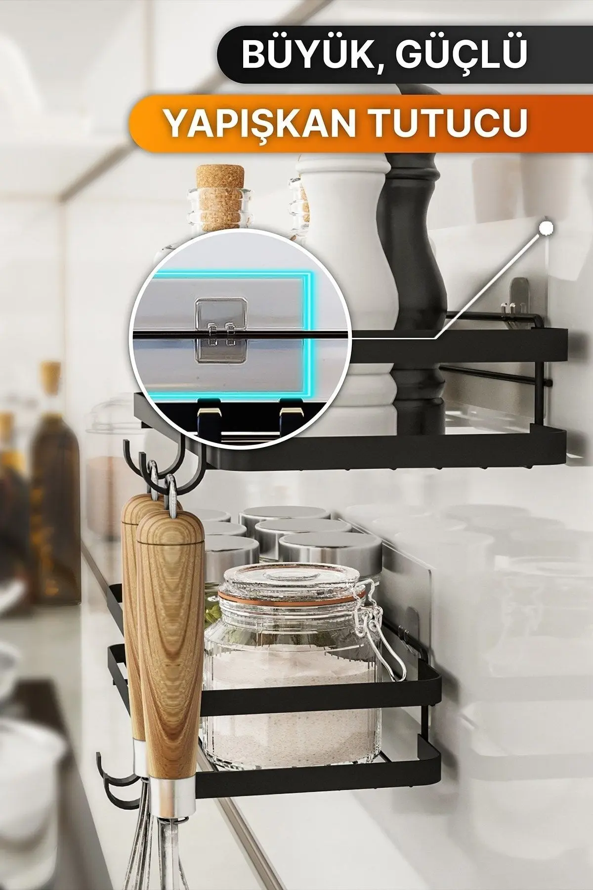 Mutfak Rafı 2'li Set Yapışkanlı Lüks Modern Siyah Metal Baharatlık Rafı Organizer Düzenleyici