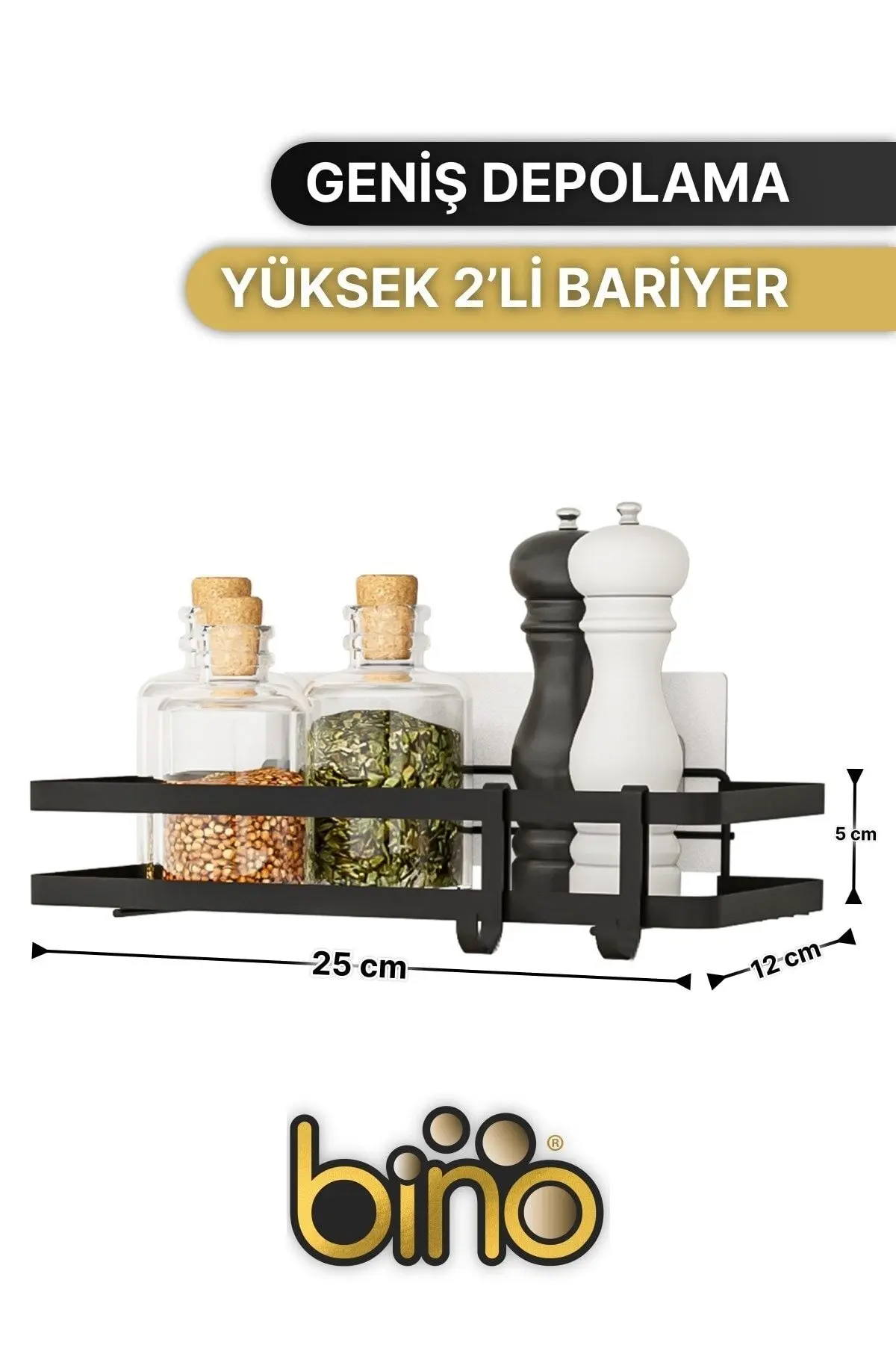 Mutfak Rafı 2'li Set Yapışkanlı Lüks Modern Siyah Metal Baharatlık Rafı Organizer Düzenleyici
