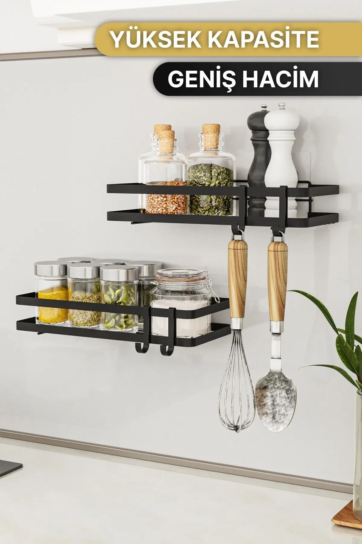 Mutfak Rafı 2'li Set Yapışkanlı Lüks Modern Siyah Metal Baharatlık Rafı Organizer Düzenleyici
