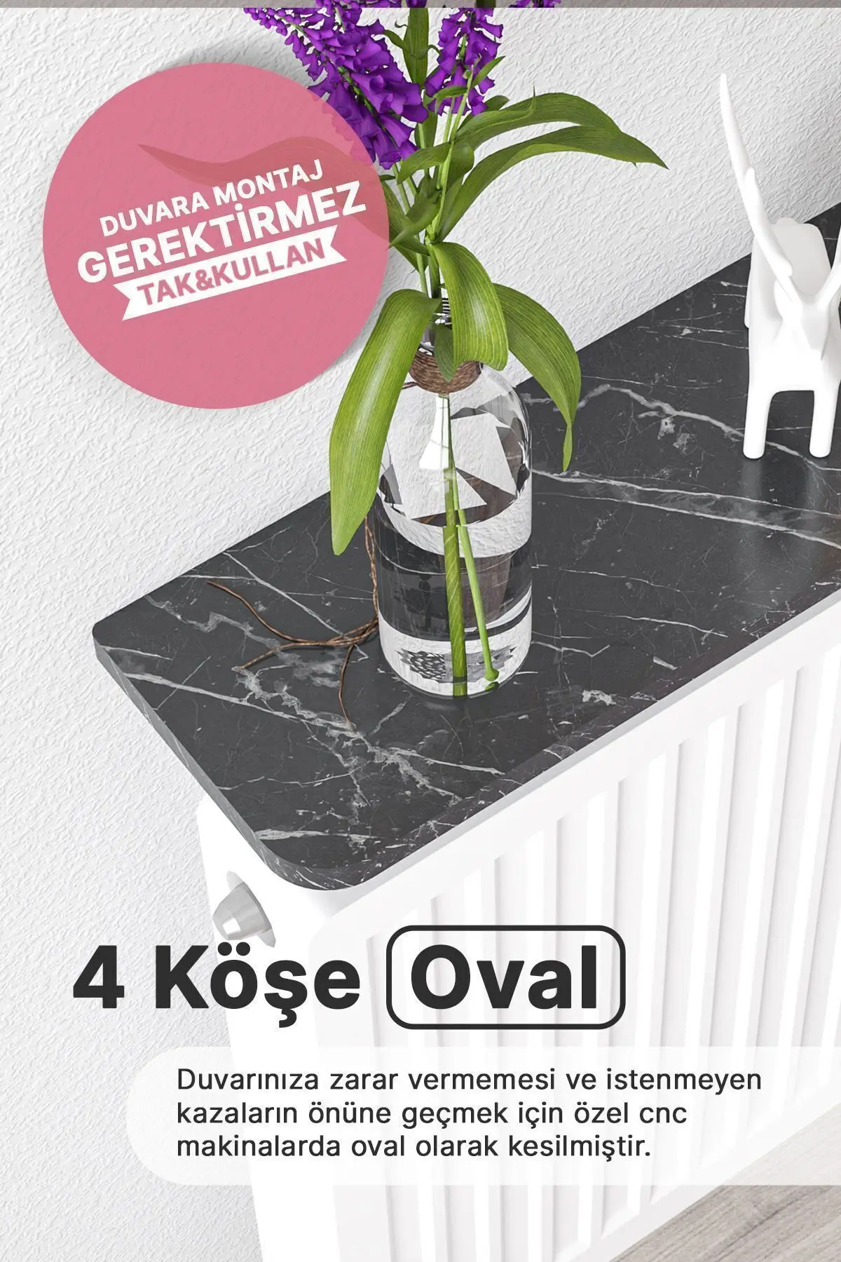 Riv Petek Üstü Uçan Raf Dresuar Kalorifer Peteği Rafı 60 X 18 Cm Bendir Siyah Mermer Oval Kesim