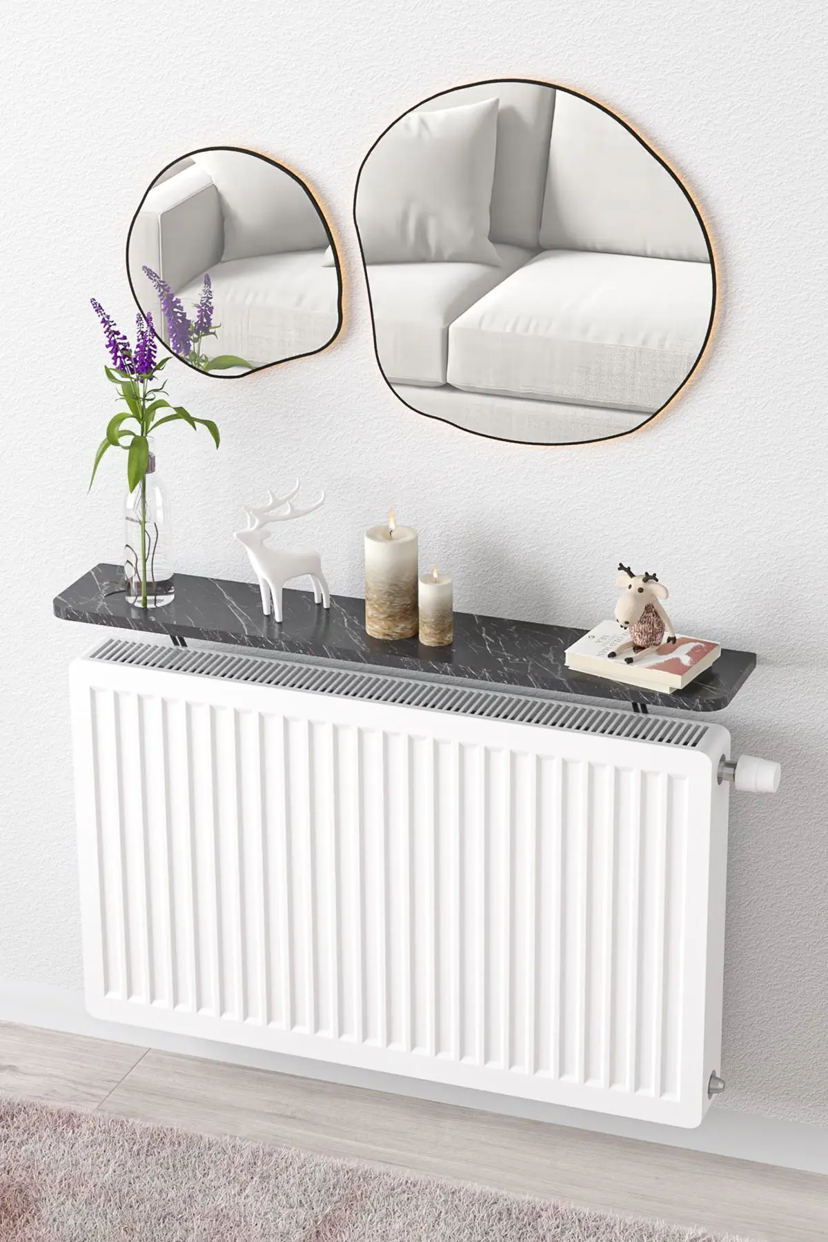 Riv Petek Üstü Uçan Raf Dresuar Kalorifer Peteği Rafı 60 X 18 Cm Bendir Siyah Mermer Oval Kesim