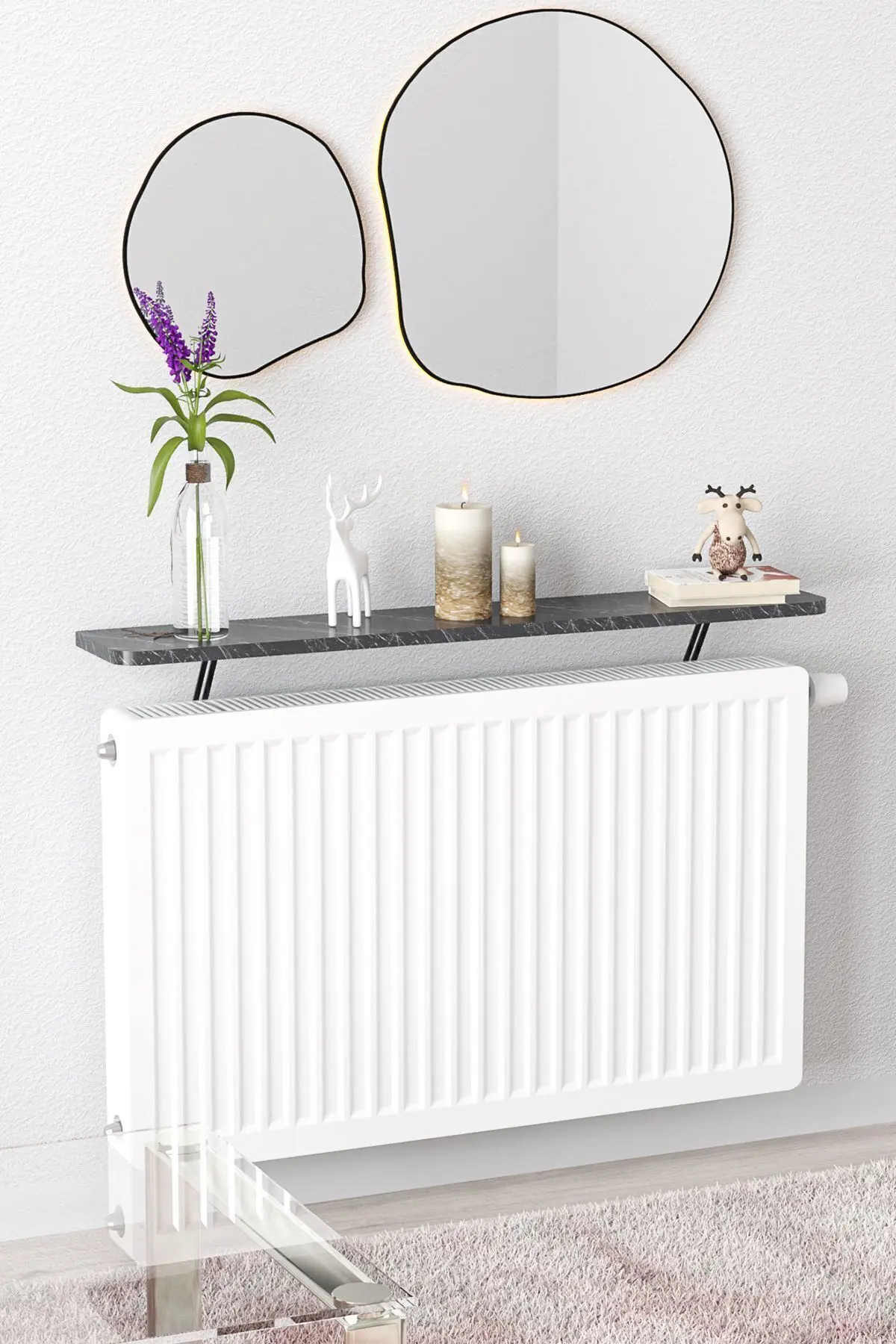 Riv Petek Üstü Uçan Raf Dresuar Kalorifer Peteği Rafı 60 X 18 Cm Bendir Siyah Mermer Oval Kesim