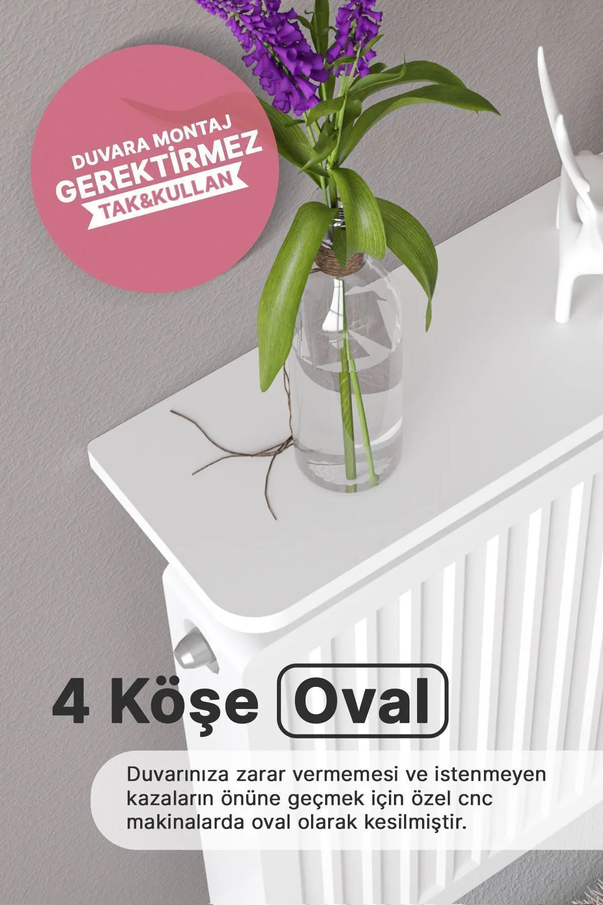Montajsız Petek Üstü Uçan Raf Dresuar Kalorifer Peteği Rafı Kitaplık 60 X 18 Cm Beyaz Oval Kesim