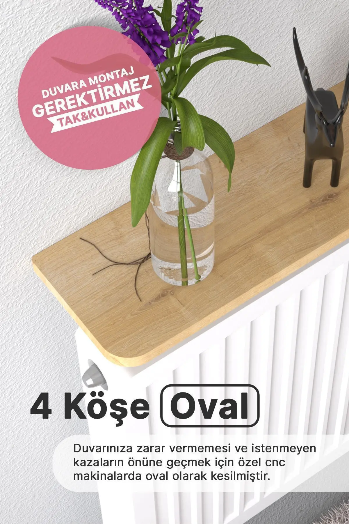 Montajsız Petek Üstü Uçan Raf Dresuar Kalorifer Peteği Rafı Kitaplık 60 X 18 Cm Safir Meşe Oval