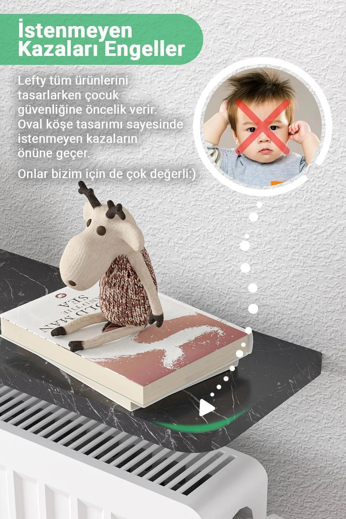 Riv Petek Üstü Uçan Raf Dresuar Kalorifer Peteği Rafı 60 X 18 Cm Bendir Siyah Mermer Oval Kesim