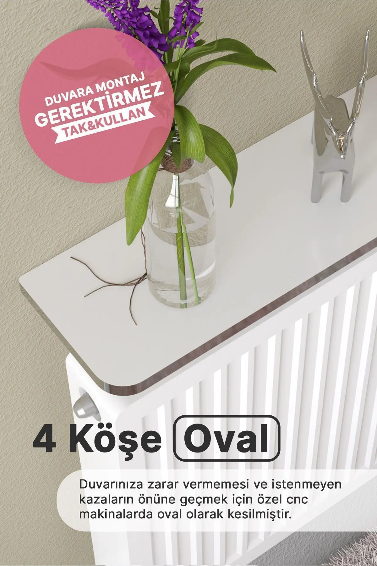 Riv Petek Üstü Uçan Raf Dresuar Kalorifer Peteği Rafı 60 X 18 Cm Beyaz Gümüş Oval Kesim