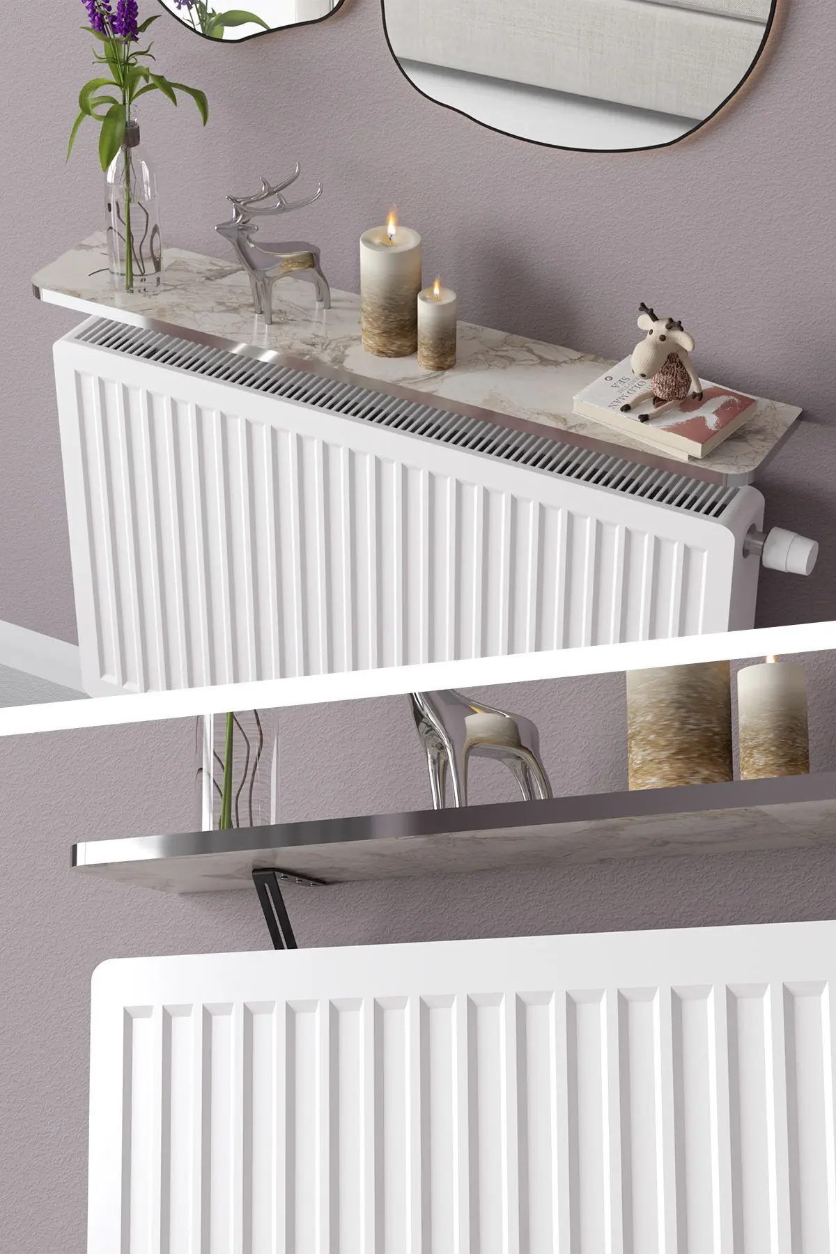 Riv Petek Üstü Uçan Raf Dresuar Kalorifer Peteği Rafı 60 X 18 Cm Efes Gümüş Oval Kesim