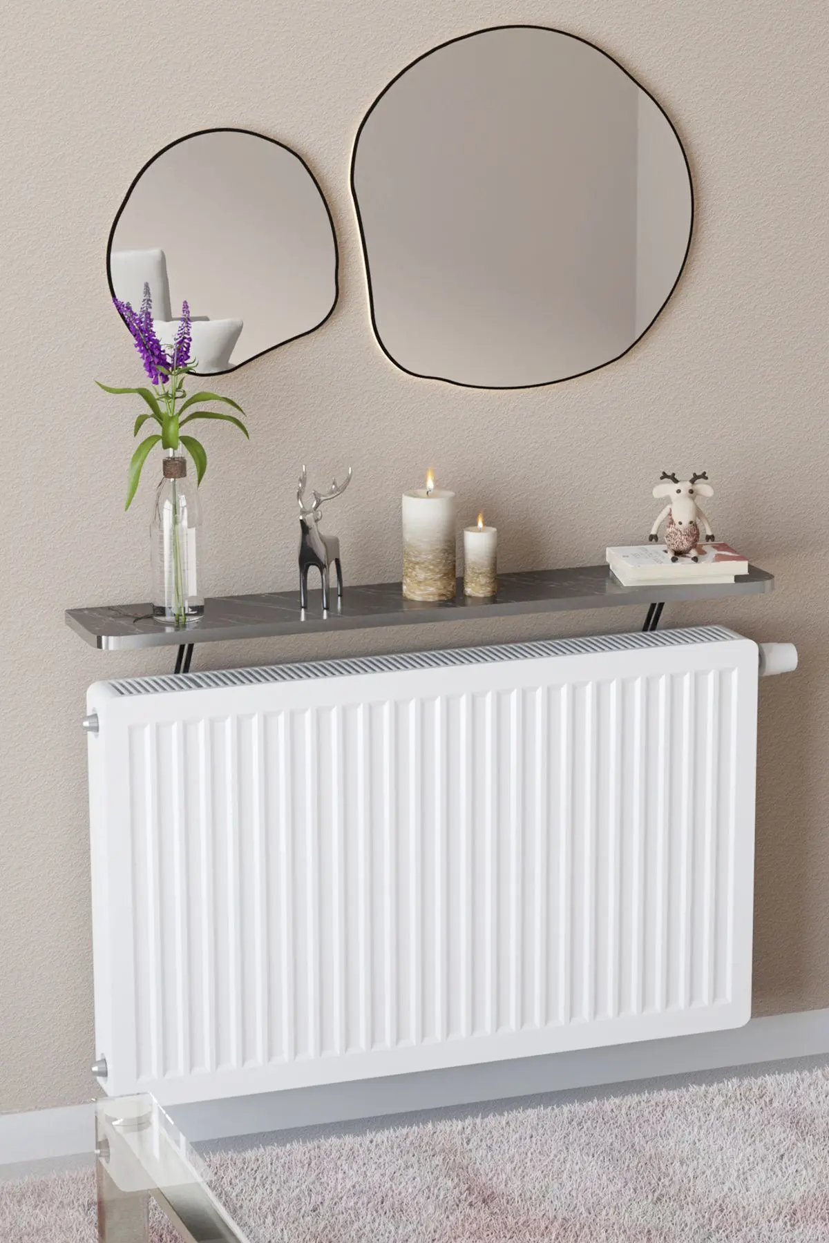 Riv Petek Üstü Uçan Raf Dresuar Kalorifer Peteği Rafı 60 X 18 Cm Bendir Gümüş Oval Kesim