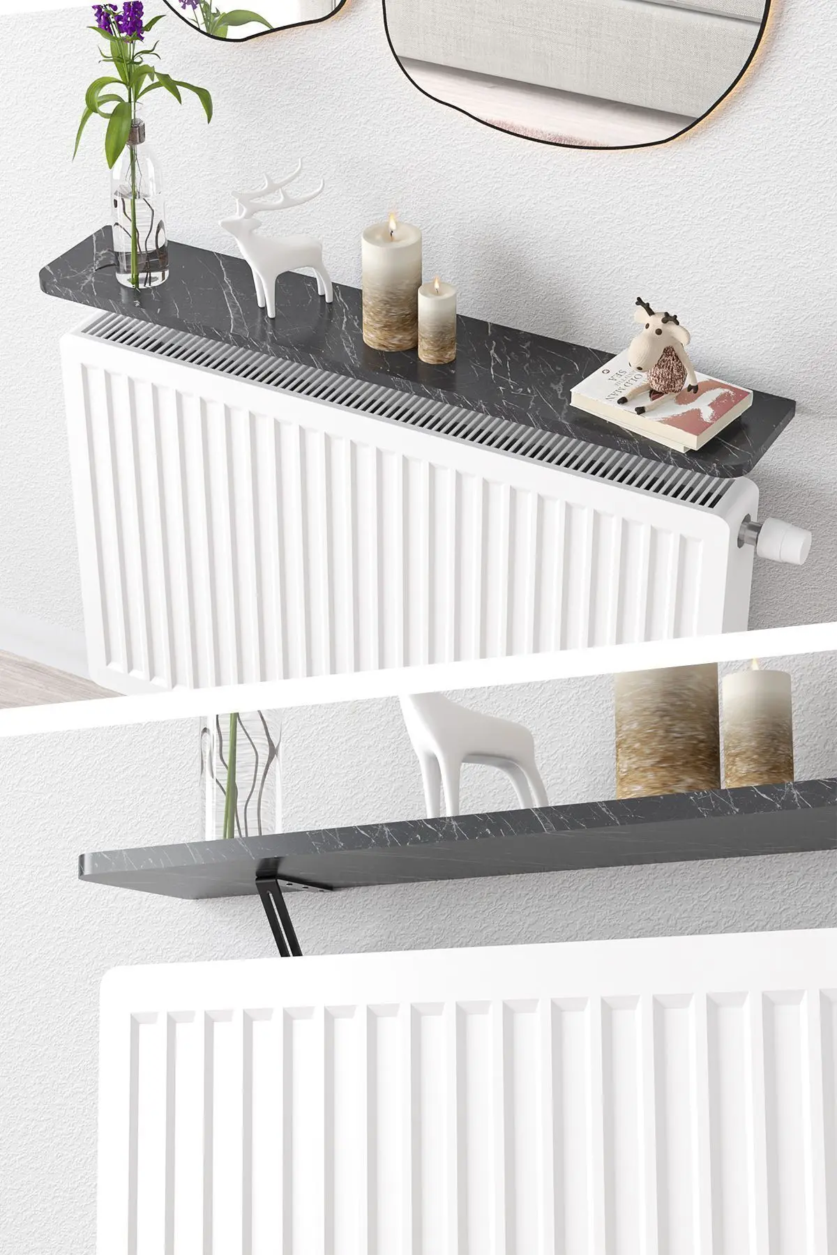 Riv Petek Üstü Uçan Raf Dresuar Kalorifer Peteği Rafı 60 X 18 Cm Bendir Siyah Mermer Oval Kesim