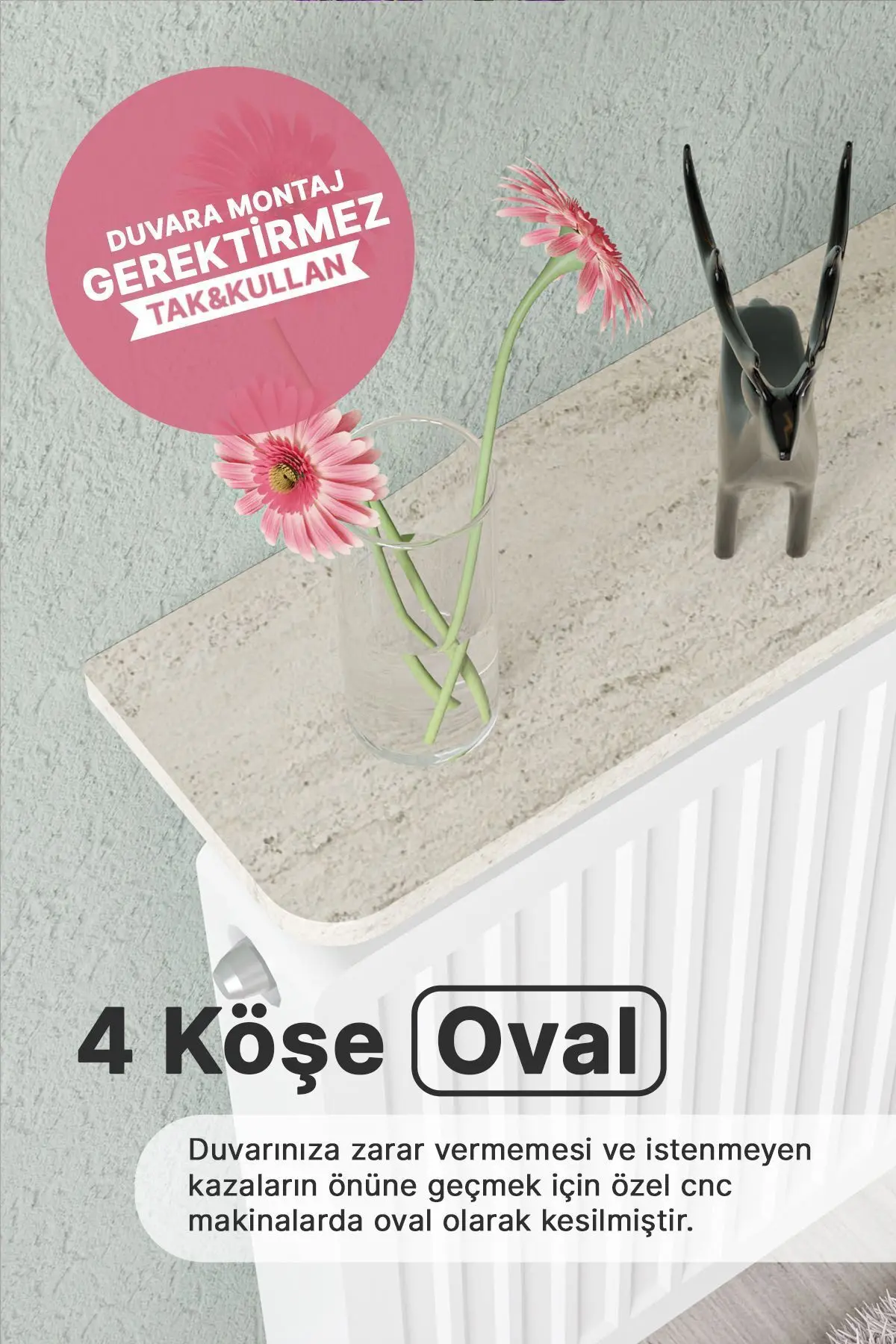 Montajsız Petek Üstü Uçan Raf Dresuar Kalorifer Peteği Rafı Kitaplık 60x18 Cm Traverten Mermer Desen