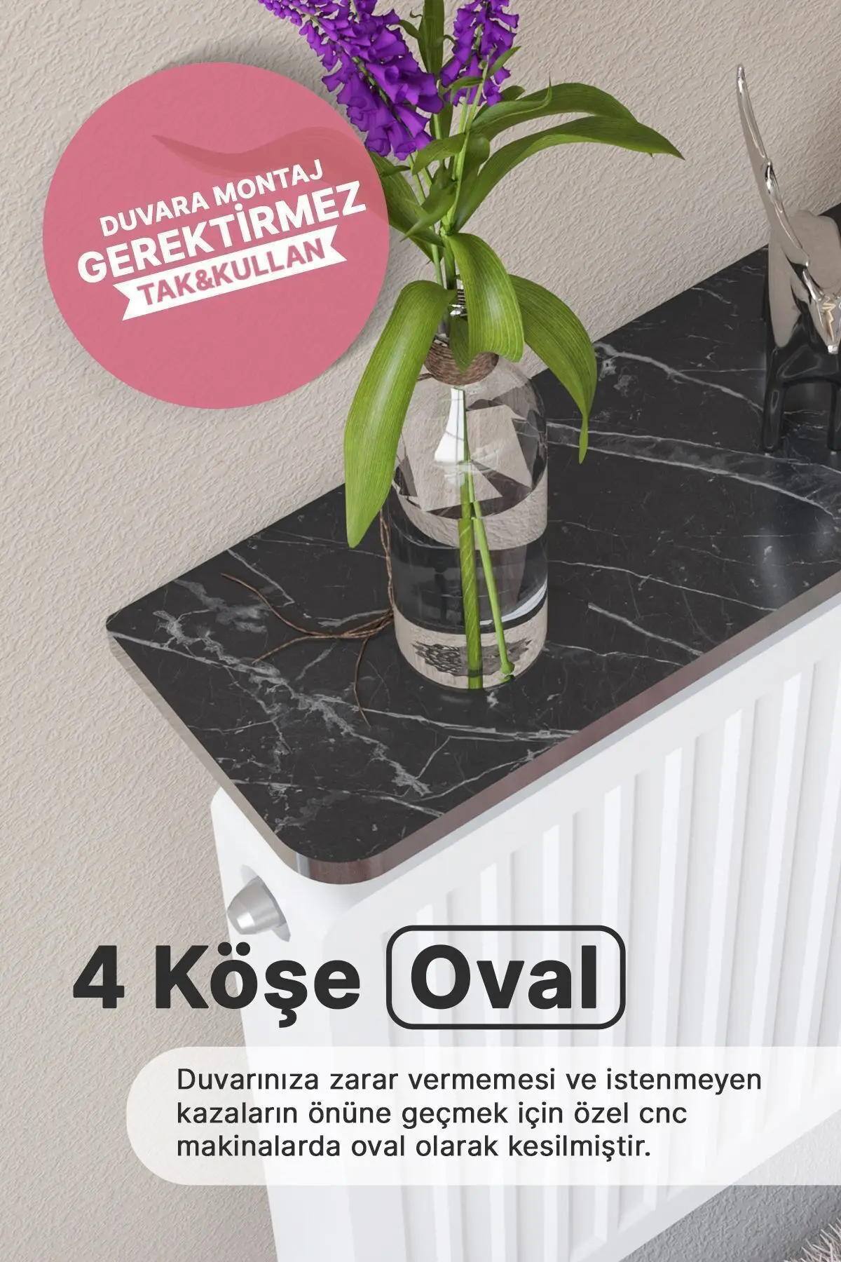 Riv Petek Üstü Uçan Raf Dresuar Kalorifer Peteği Rafı 60 X 18 Cm Bendir Gümüş Oval Kesim