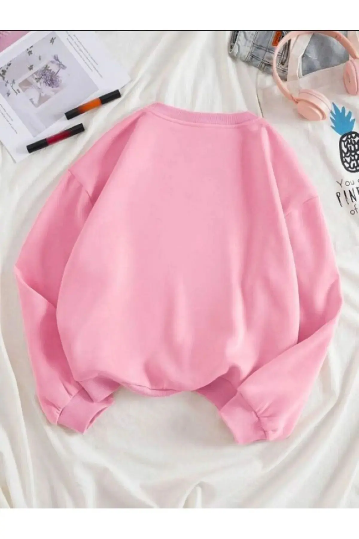 (3 İPLİK) Kadın Kalp Baskılı Bisiklet Yaka Oversize Sweatshirt