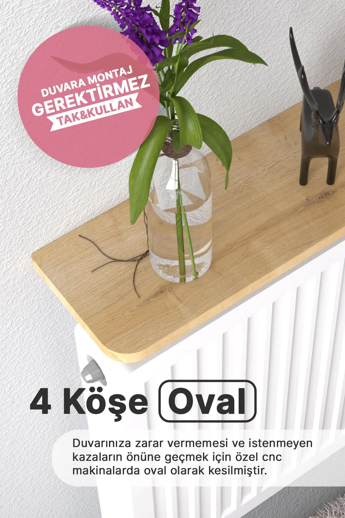 Riv Petek Üstü Uçan Raf Dresuar Kalorifer Peteği Rafı 120 X 18 Cm Safir Meşe Oval